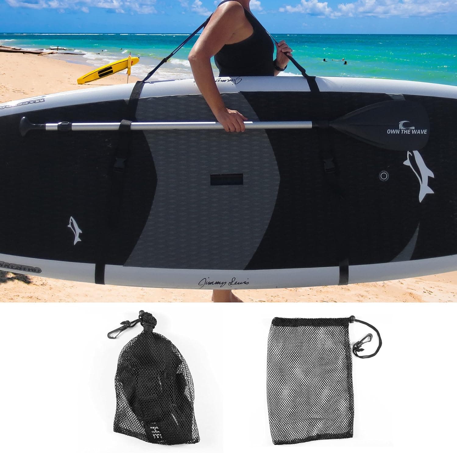 Own the Wave SUP Paddleboard Carry Strap - Choose to Bundle with Mesh Storage Bag or Waist Bag & Phone Case