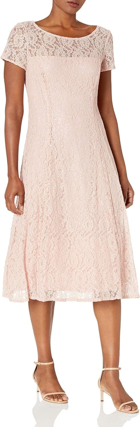 S.L. Fashions Women's Short Sleeve Tea Length Fit and Flare Dress (Petite Missy)