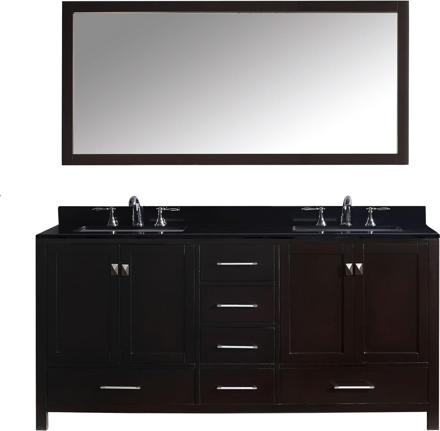 Virtu USA Caroline Avenue 72 inch Double Sink Bathroom Vanity Set in Espresso w/Square Undermount Sink, Black Galaxy Granite Countertop, Brushed Nickel Faucet, 1 Mirror - GD-50072-BGSQ-ES-001