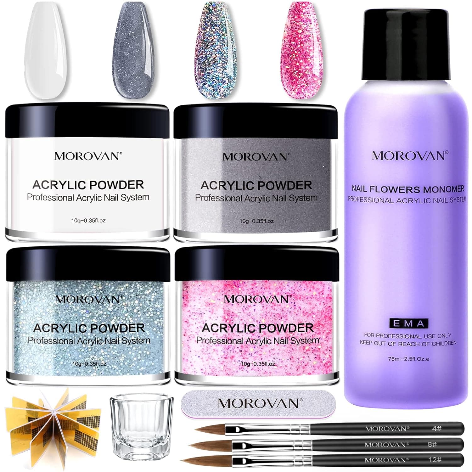 Morovan Acrylic Nail kit - 4 Colors Glitter Acrylic Powder Set with Liquid Monomer Professional Acrylic Powder and Liquid Set for Beginners Acrylic Nails Extension Nail Brush Nail Forms