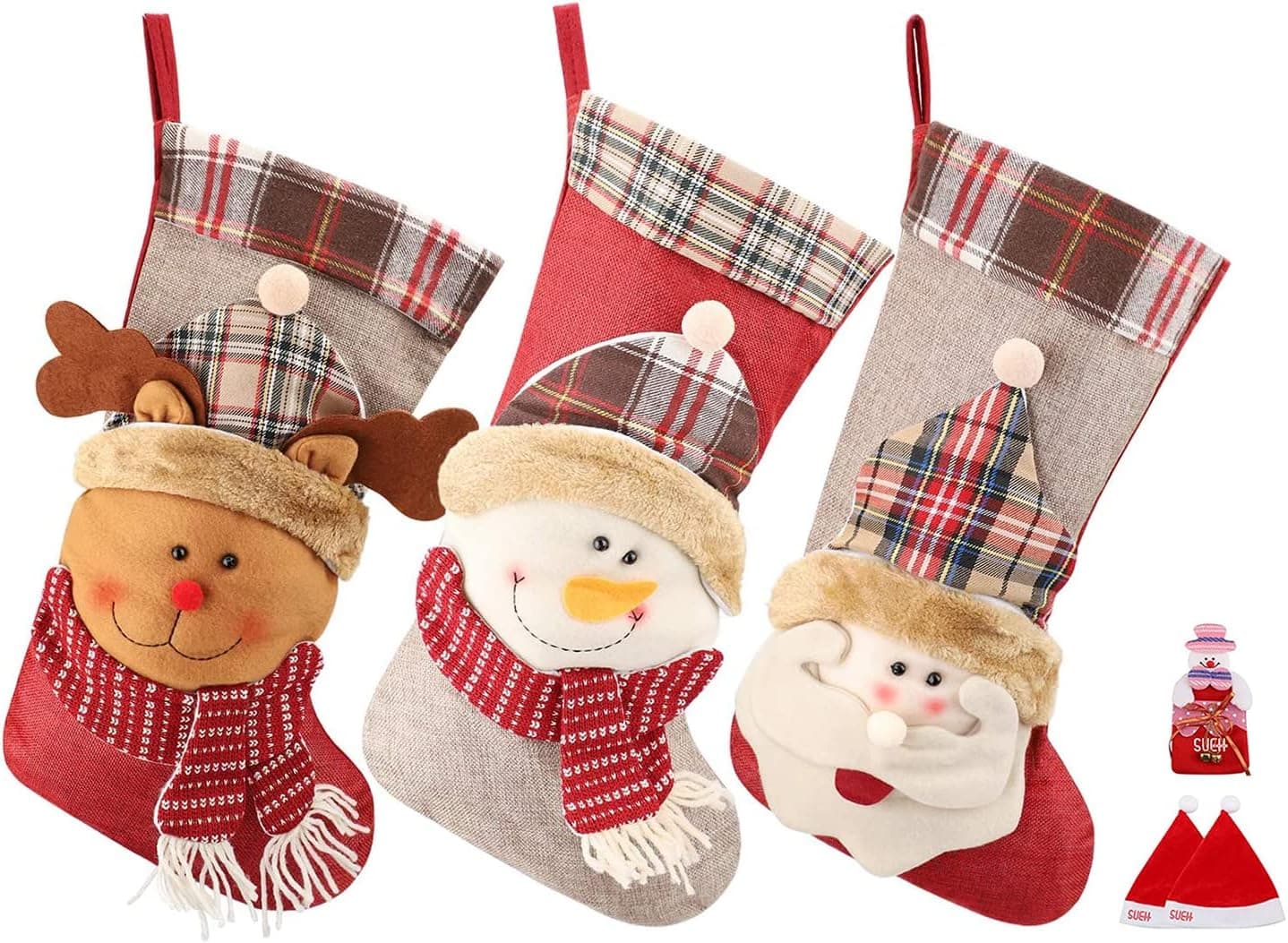 SUEH DESIGN Christmas Stockings Set of 3 Santa Claus Reindeer and Snowman Coming with 2 Santa Hats and 1 Santa Candy Pocket