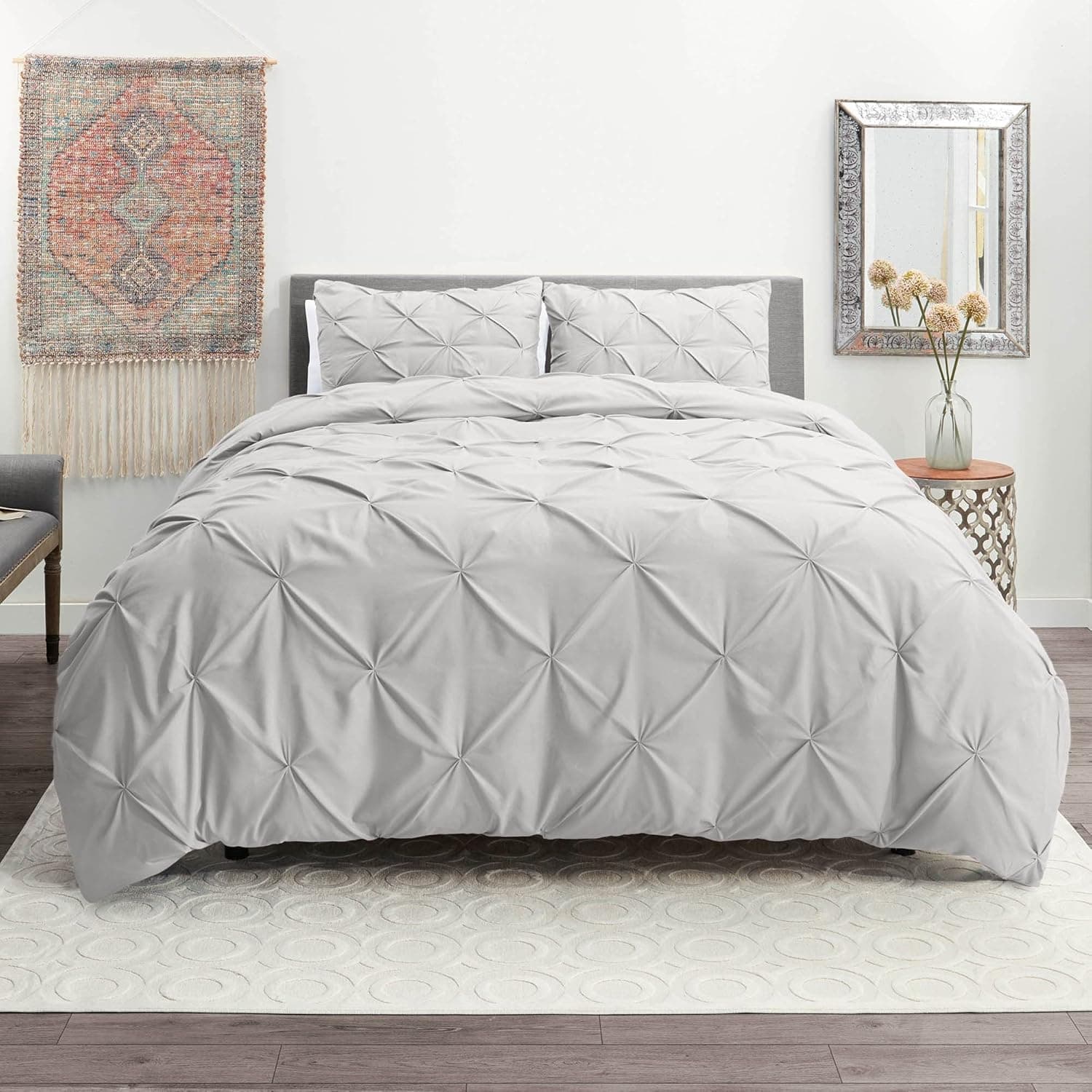 Luxury 3 Piece Pinch Pleated Duvet Cover Set - Ultra Soft, Lightweight, Breathable Microfiber Bedding for Cool, Comfortable Sleep, Pintuck Decorative Comforter Cover, King, Light Gray Lavender
