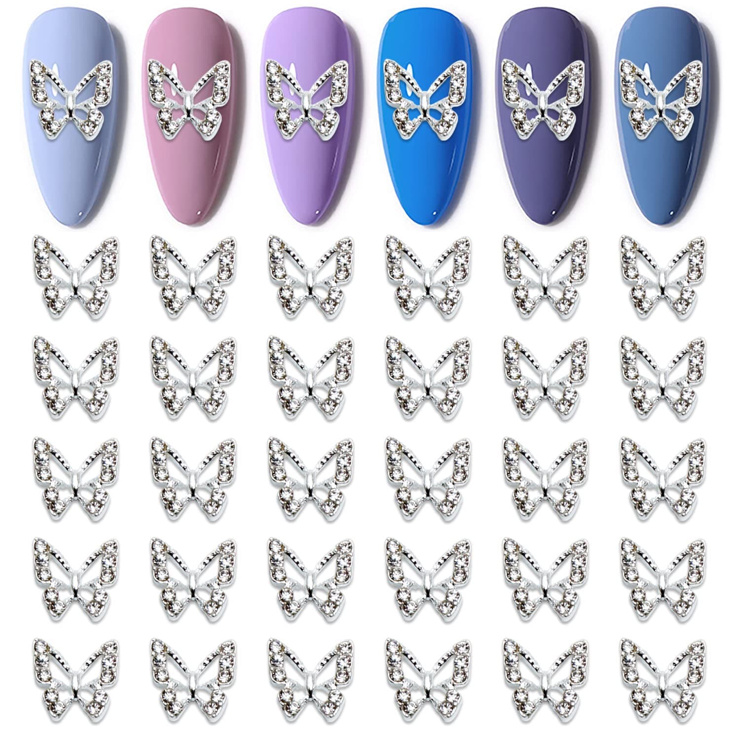 WOKOTO 30 Pcs 3D Butterfly Nail Charms for Acrylic Nails Silver 3D Butterfly for Nails Hollow Butterfly with Rhinestones Studed Nail Decorations for Nail Art Gems Butterfly Charms for Nails Designs