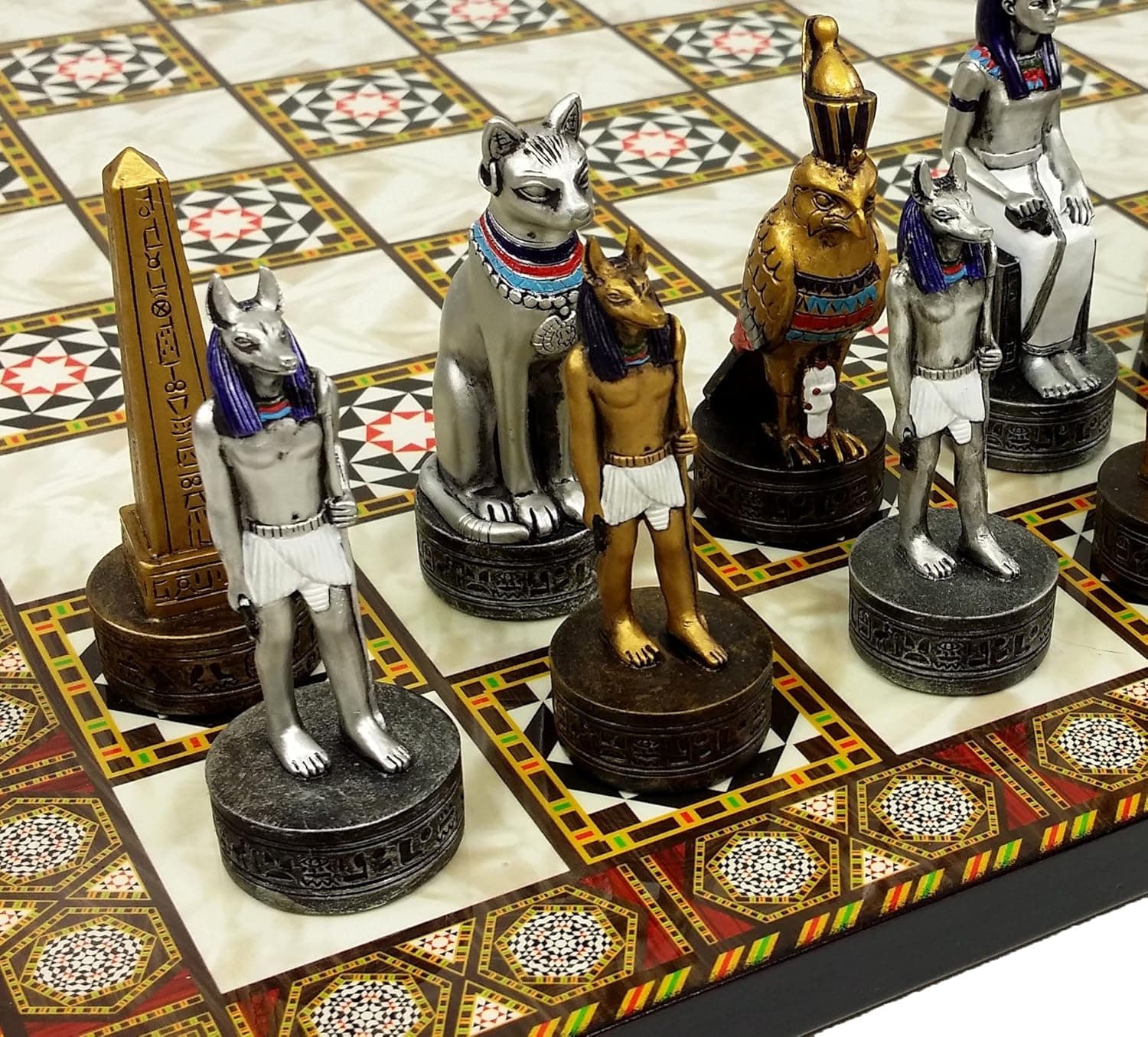 HPL Egyptian Anubis Chess Set Gold & Silver Painted Men W/ 14 1/2" Mosaic Color Board