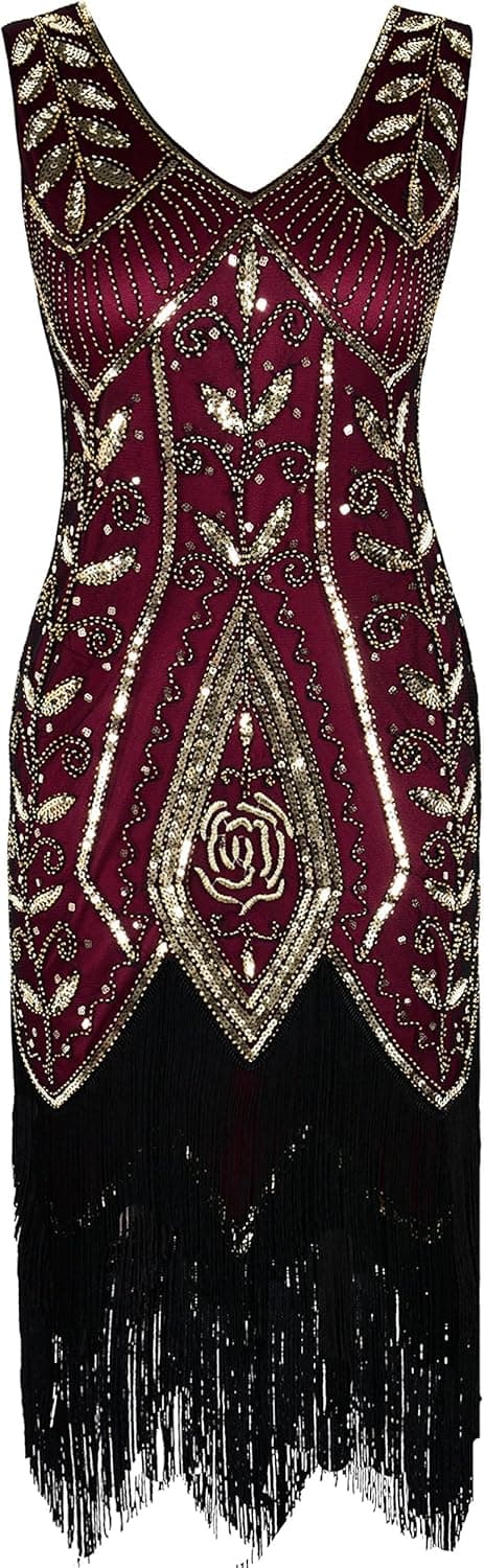 PrettyGuide Women Flapper Dress 1920s Gatsby Art Deco Fringed Sequin Cocktail Dress