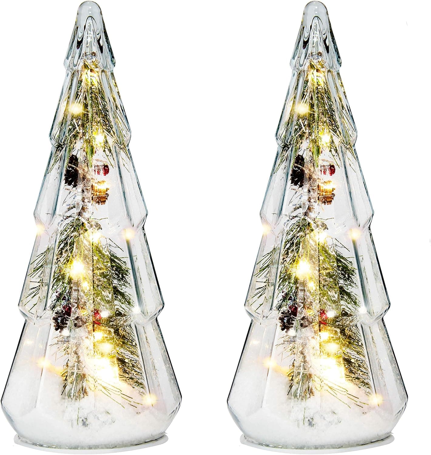 Costyleen 2PCS Christmas Ornaments Set, 15in Tower Shaped Glass Xmas Tree Artificial Snow Decoration with LED Lights, Home Table Decor Festive Gift