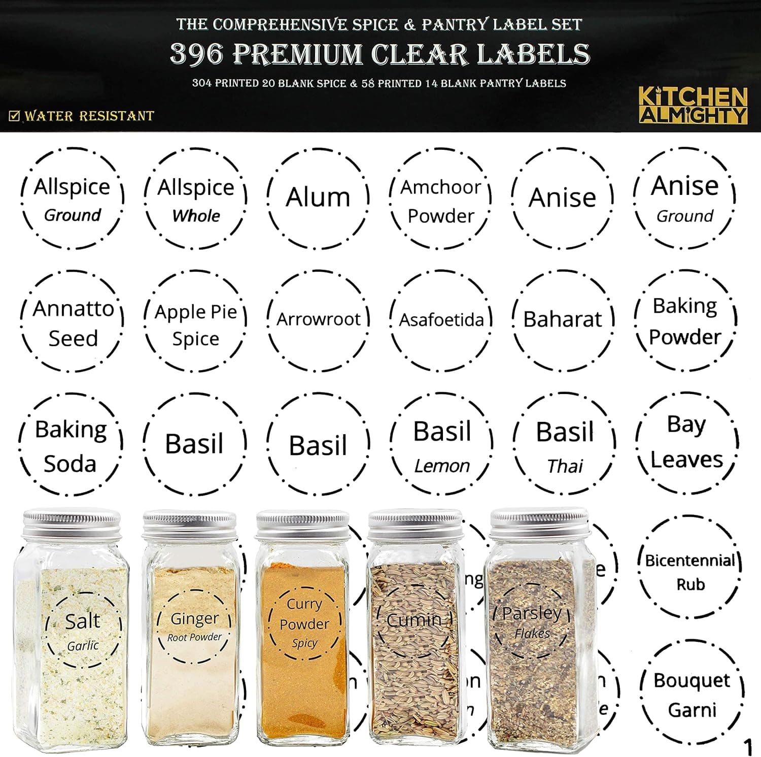 396 Printed Spice Jars Labels and Pantry Stickers: Clear Round Spices Label 1.5" & Pantry Sticker 3” X 1.5” with Write-On Labels – Include a Numbered Reference Sheet – Water-Resistant