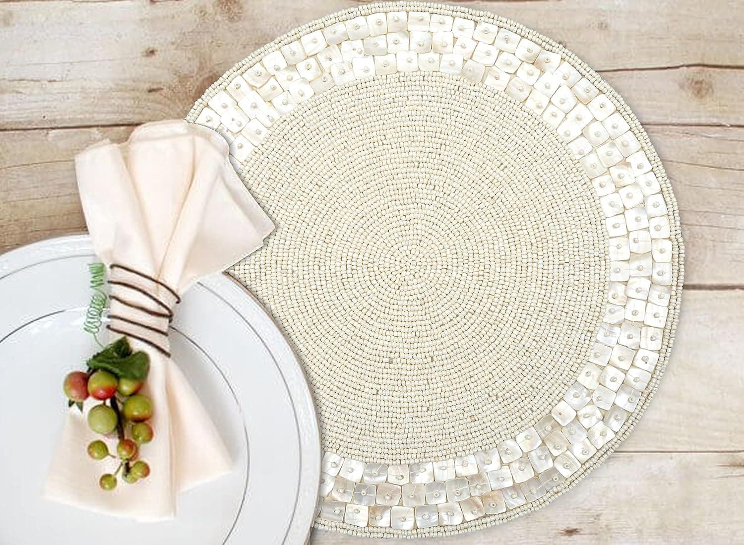 Christmas Placemats, Farmhouse Decorative Hand Beaded Placemats for Dining Table- 13 inch - Round Placemat Charger for Christmas, Gathering, Party Decoration, Family Celebrations - Pack of 1 - Ivory