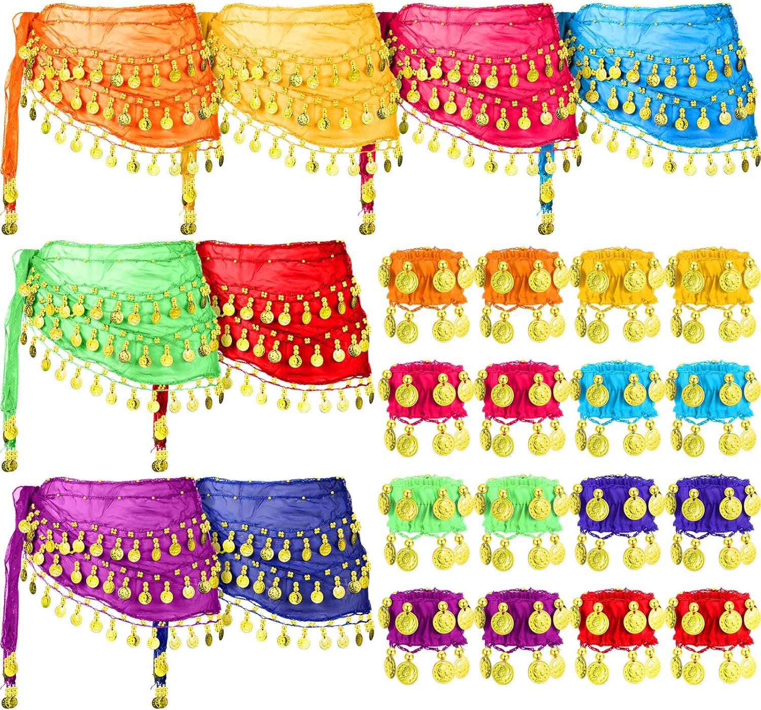 24 Pieces 8 Colors Belly Dance Skirt and Belly Dance Wrist Ankle Cuffs Bracelets Belly Dancing Hip Scarf Coin Scarf Belly Dancer Bracelet Belly Dancing Bangles for Women Girl Bellydance Yoga Class