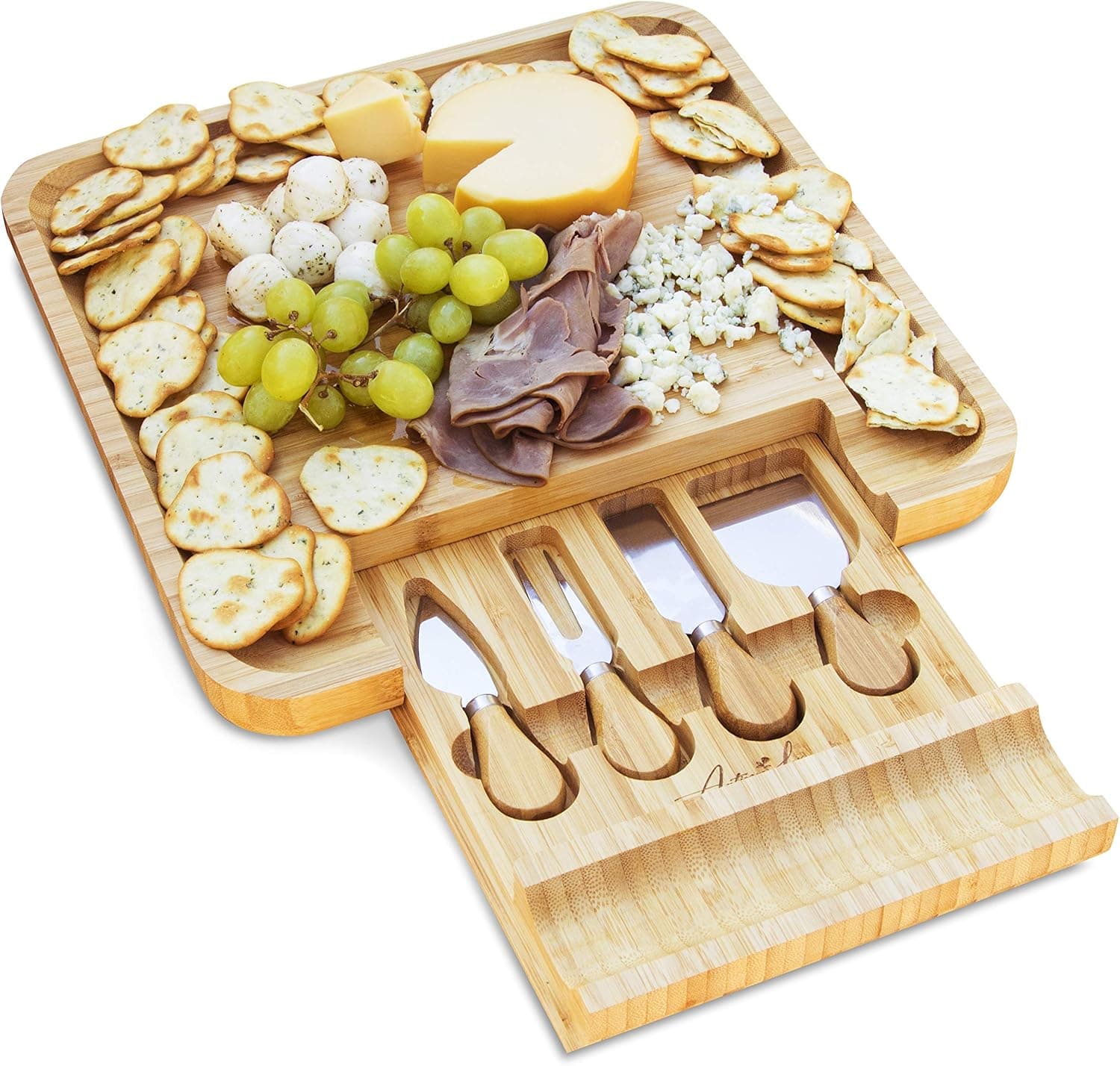 Antigua Lux Premium Bamboo Cheese Board and Knife Set - Pure Organic Wooden Charcuterie Board - 4-Piece Stainless Steel Cutlery in Slide-Out Drawer - Serving Tray for Cheese, Wine, Crackers, and Meat