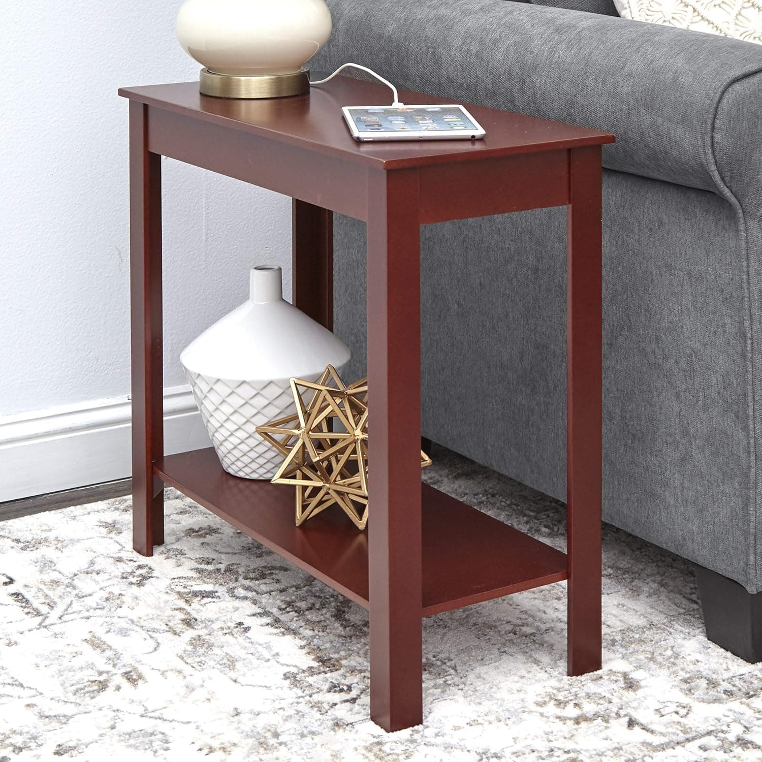 Side Table with Power Station - Office End Table with Outlets - Walnut