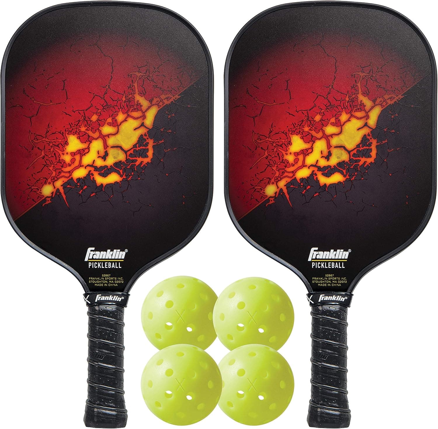 Franklin Sports Pickleball Paddle and Ball Set - (2) Fiberglass Pickleball Rackets + (4) X-40 Pickleballs - USA Pickleball (USAPA) Approved, Red/Yellow