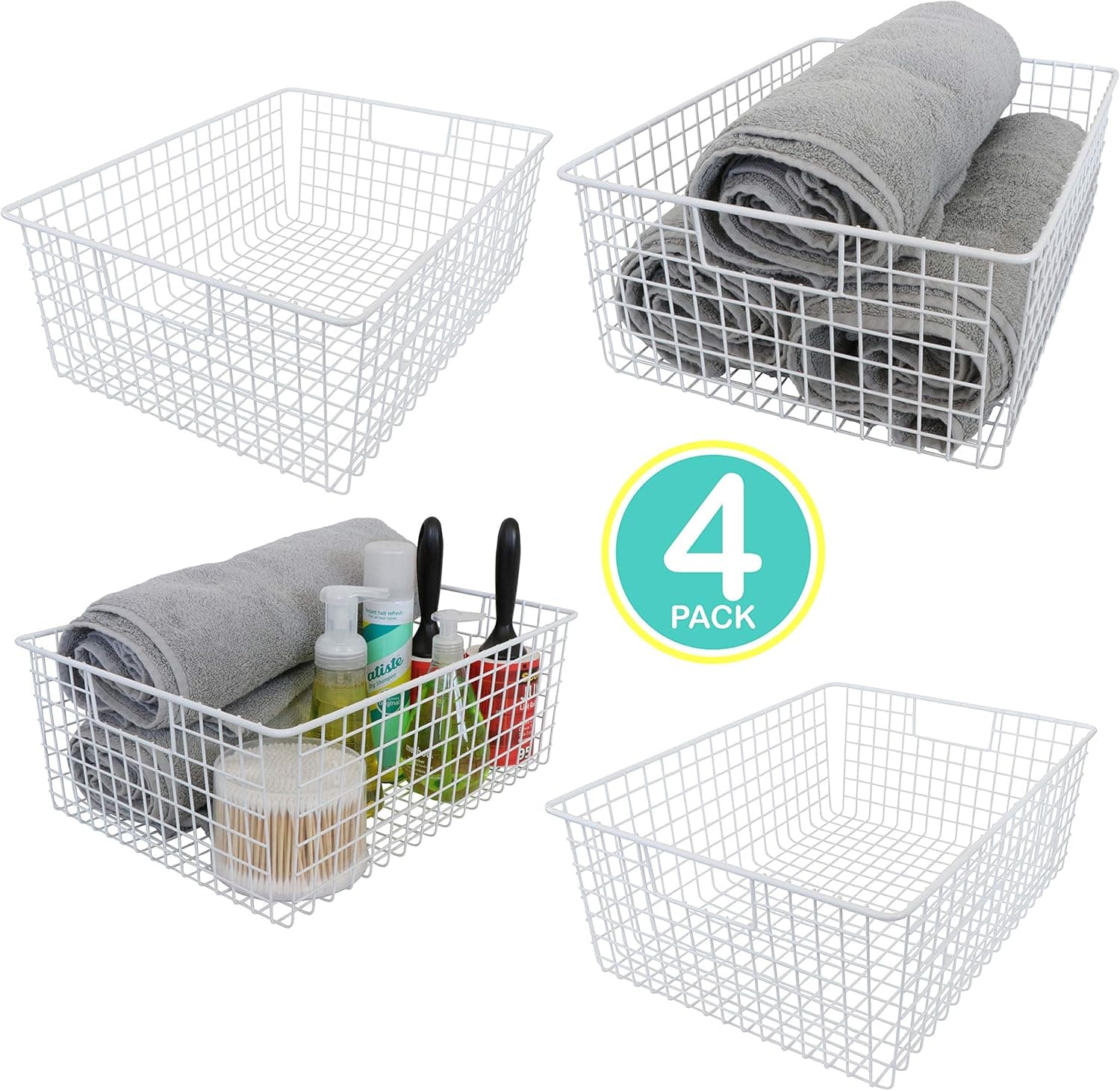 Kitchen Basics 101 Large Farmhouse Metal Wire Storage Basket Bins with Handles 16" x 12" x 6" Closets, Shelves, Cabinets, Bathrooms (White, 4)