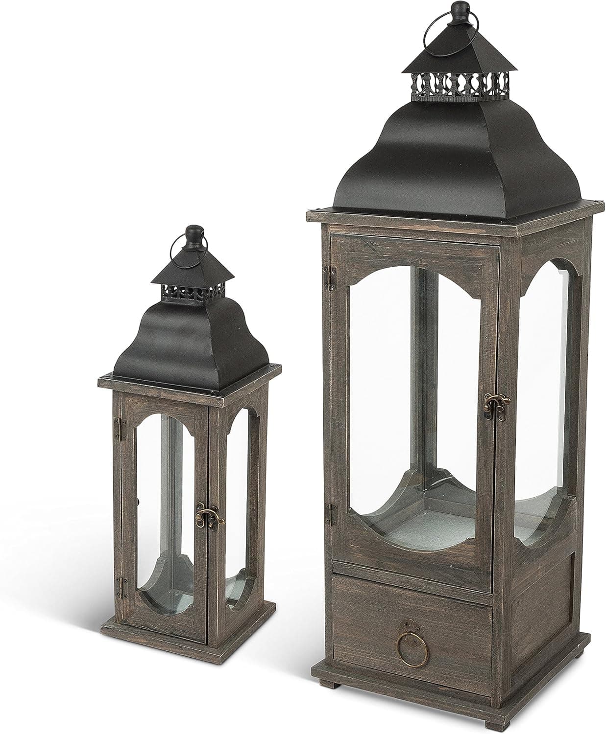Gerson S/2 Wood & Metal Lanterns Home Decor, 9.1InL x 9.1InW x 29.1InH, Black