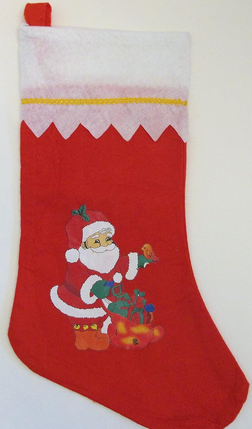 **Reduced* Sale! CHRISTMAS STOCKING ~ RED Felt with Santa Claus Toy Bag Holding A Little Bird Vinyl Applique