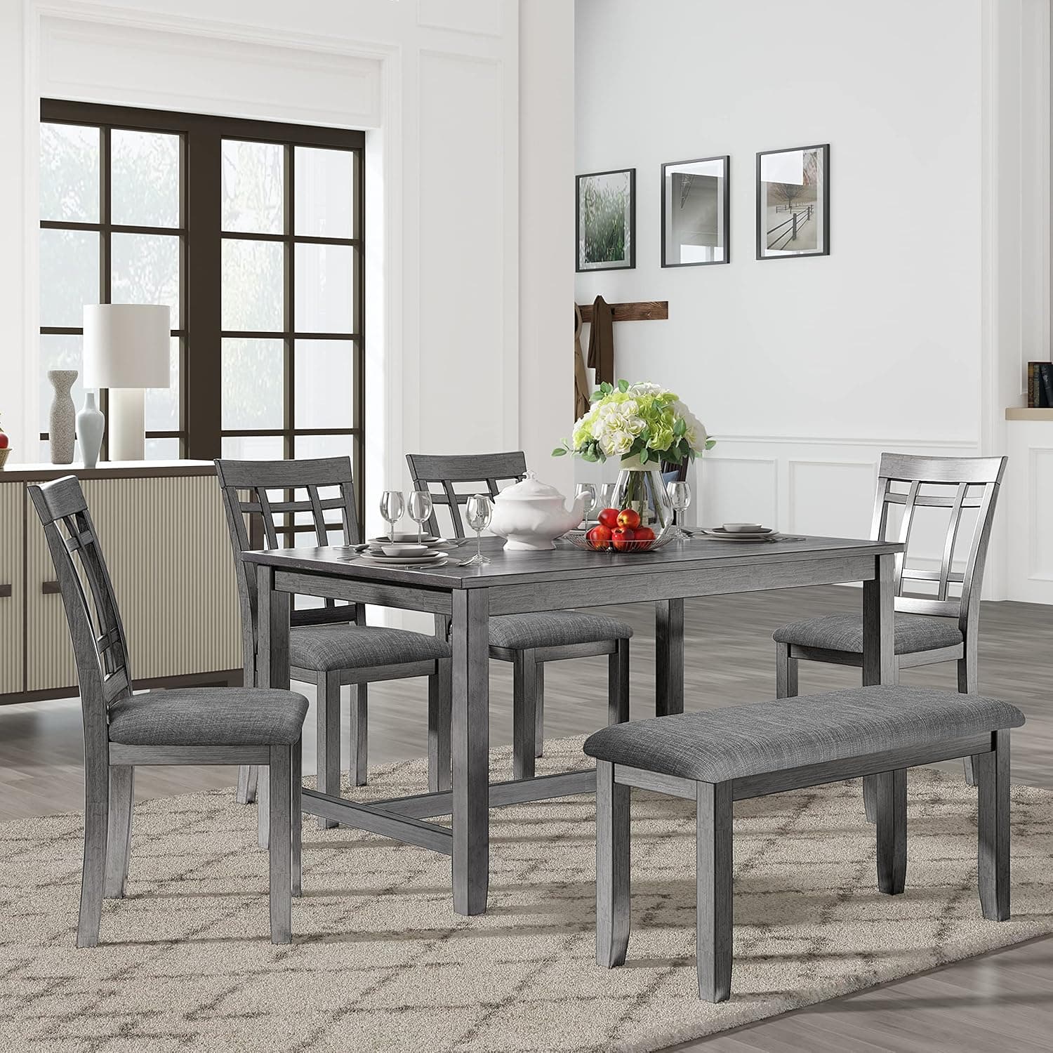 Merax Dining Table Sets, 6-Piece Kitchen Dining Table Sets, Wooden Rectangular Dining Table, 4 Dining Chair & Bench Family Furniture (Antique Graywash, 6 Piece)