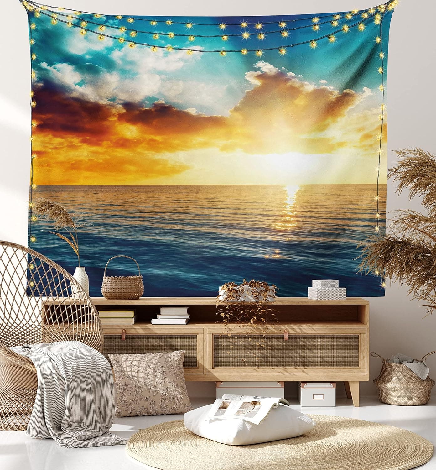 Ambesonne Ocean Tapestry, Majestic Sunset Over The Sea Scenic Idyllic Aquatic View Morning Picture, Wide Wall Hanging for Bedroom Living Room Dorm, 60" X 40", Turquoise Orange