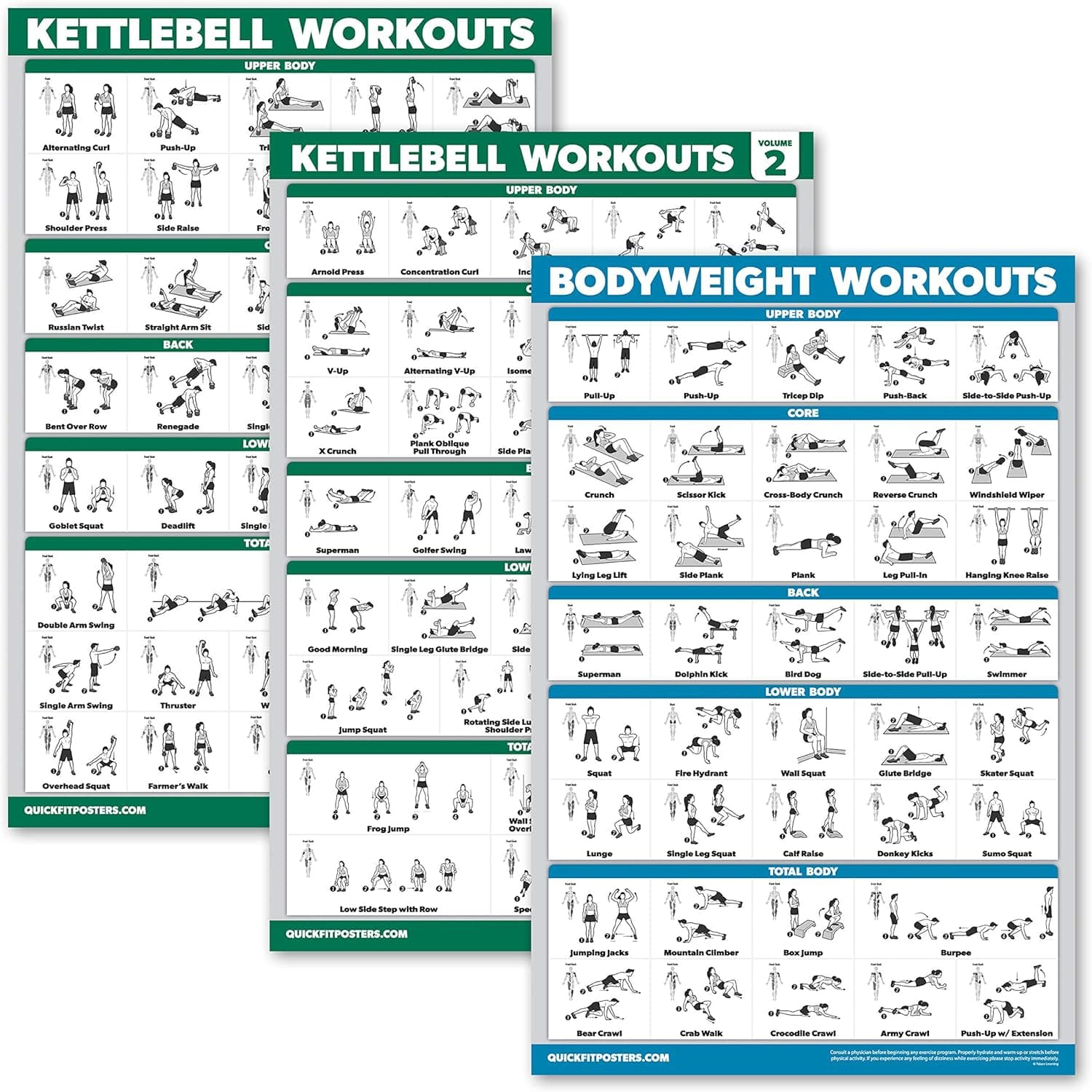 Palace Learning 3 Pack: Kettlebell Workouts Volume 1 & 2 + Bodyweight Exercises Poster Set - Set of 3 Workout Charts