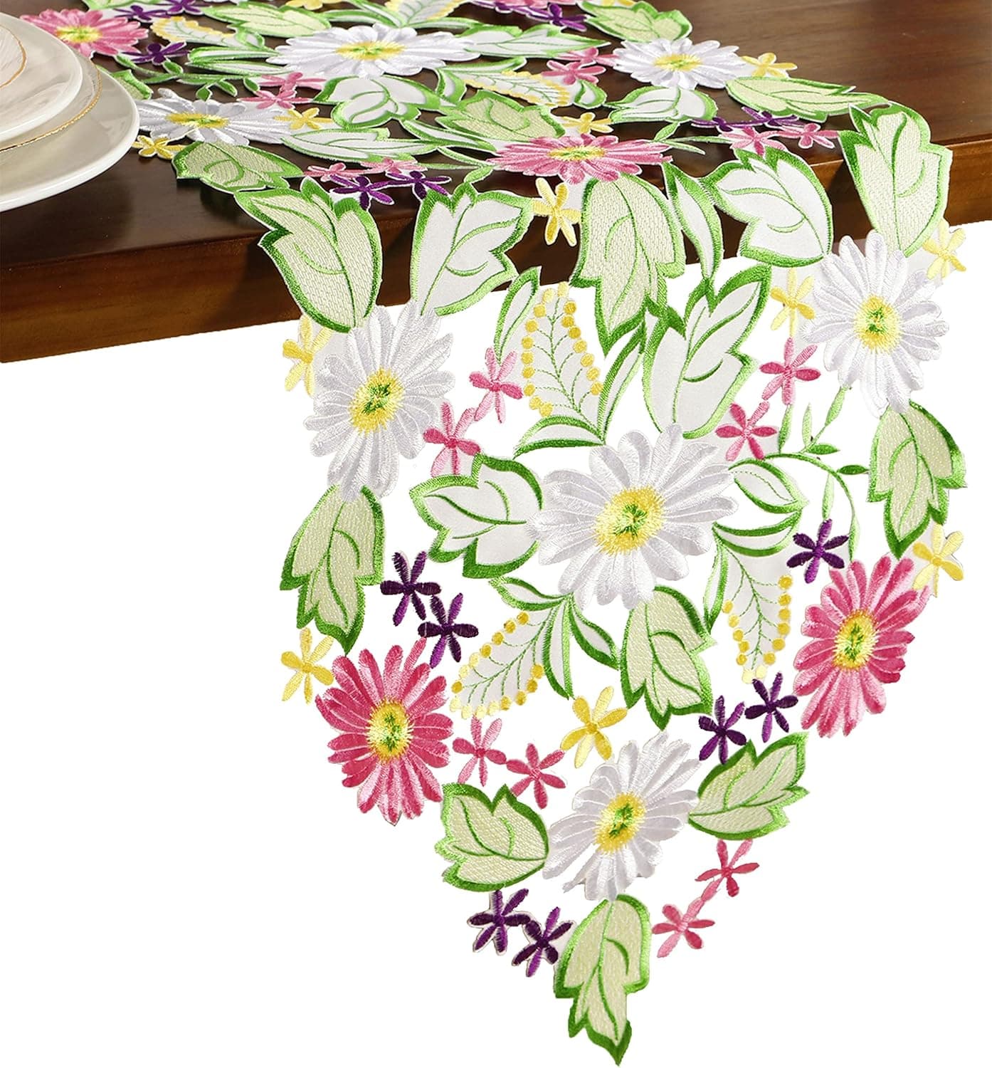 COLOR4SEASONS Embroidered Daisy Table Runners for Spring Holiday Decoration (13'' X 36'')