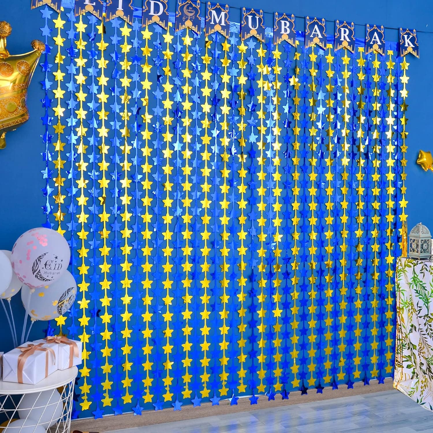 LOLStar Ramadan Kareem Foil Fringe Curtains, Muslim Ramadan Decorations for Home, 2 Packs of 3.3 x 6.6 ft Blue Gold Star Tinsel Photo Booth Prop, Streamer Backdrop for Islamic Eid Mubarak Decoration