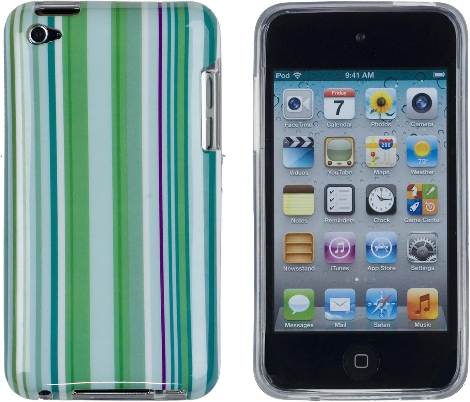 Mint Green Striped Flexible TPU Gel Case with Clear Sides for Apple iPod Touch 4, 4G (4th Generation)