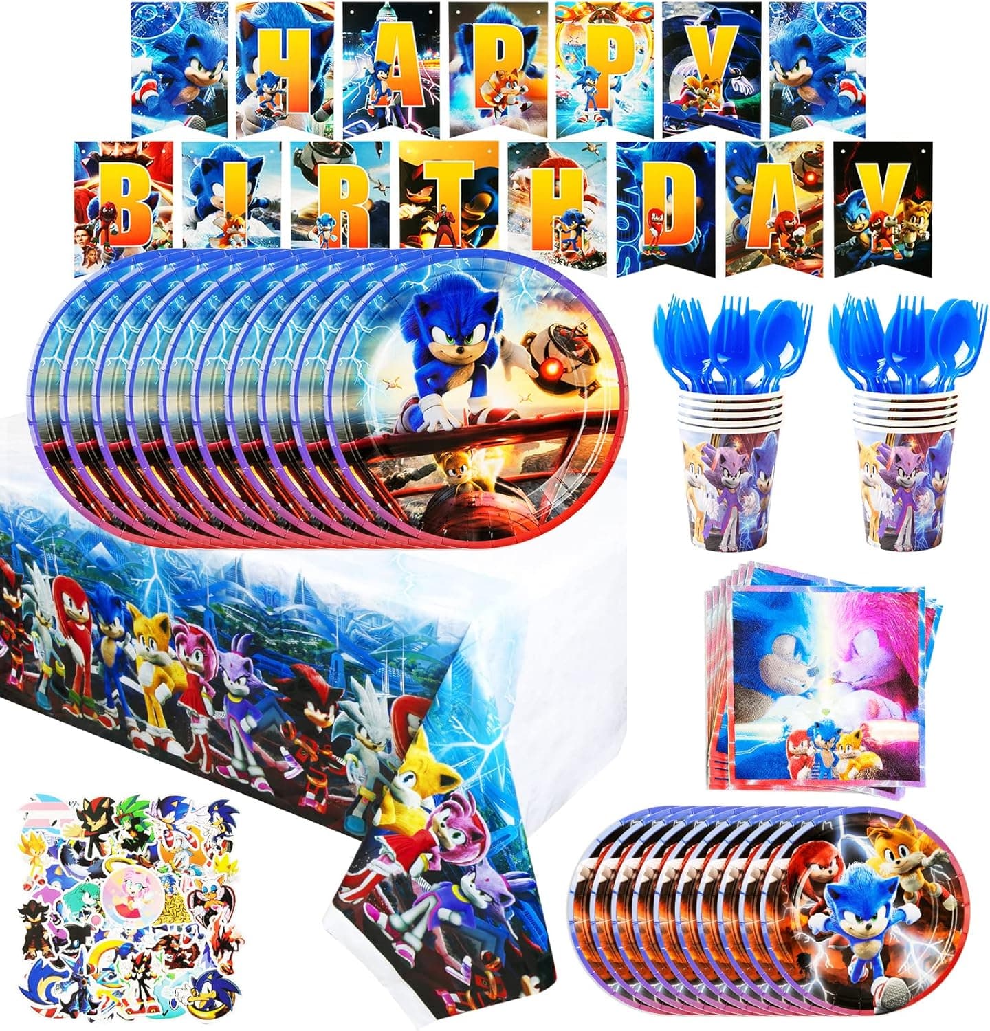 Party Supplies and Decorations, 73 Piece Birthday Party Supplies Set. Serves 10 Guests and Includes Tableware, Plates, Cups, Napkins, Tablecloths, Banner Decorations, Stickers and More