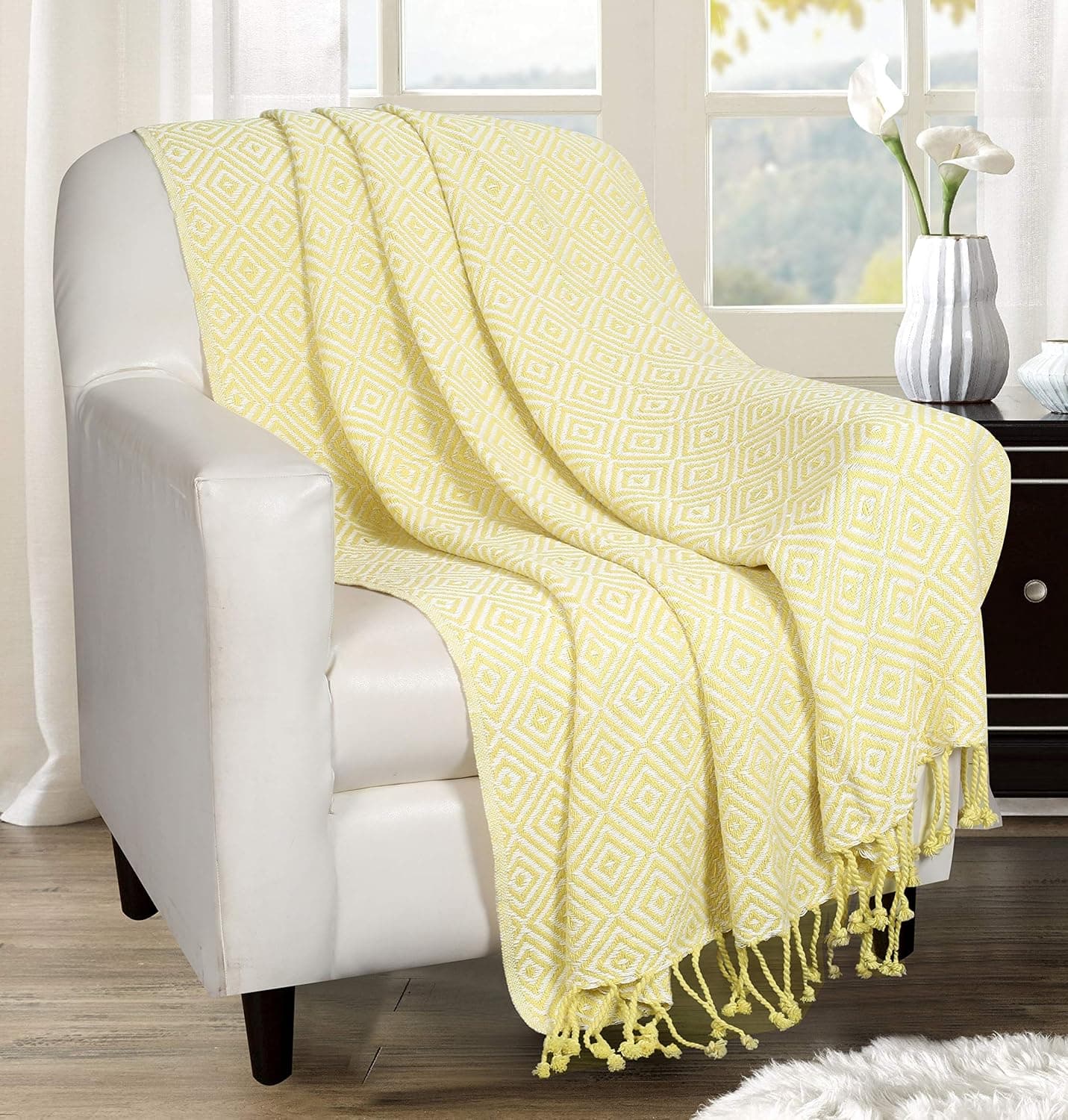 Throw Blanket With Fringes In Diamond Design 50x60 Inch -Lime Yellow Cotton Throw For Sofa, Chair, Bed, & Everyday Use, Well crafted for durability, Farmhouse Throw,All Season Throw Blanket