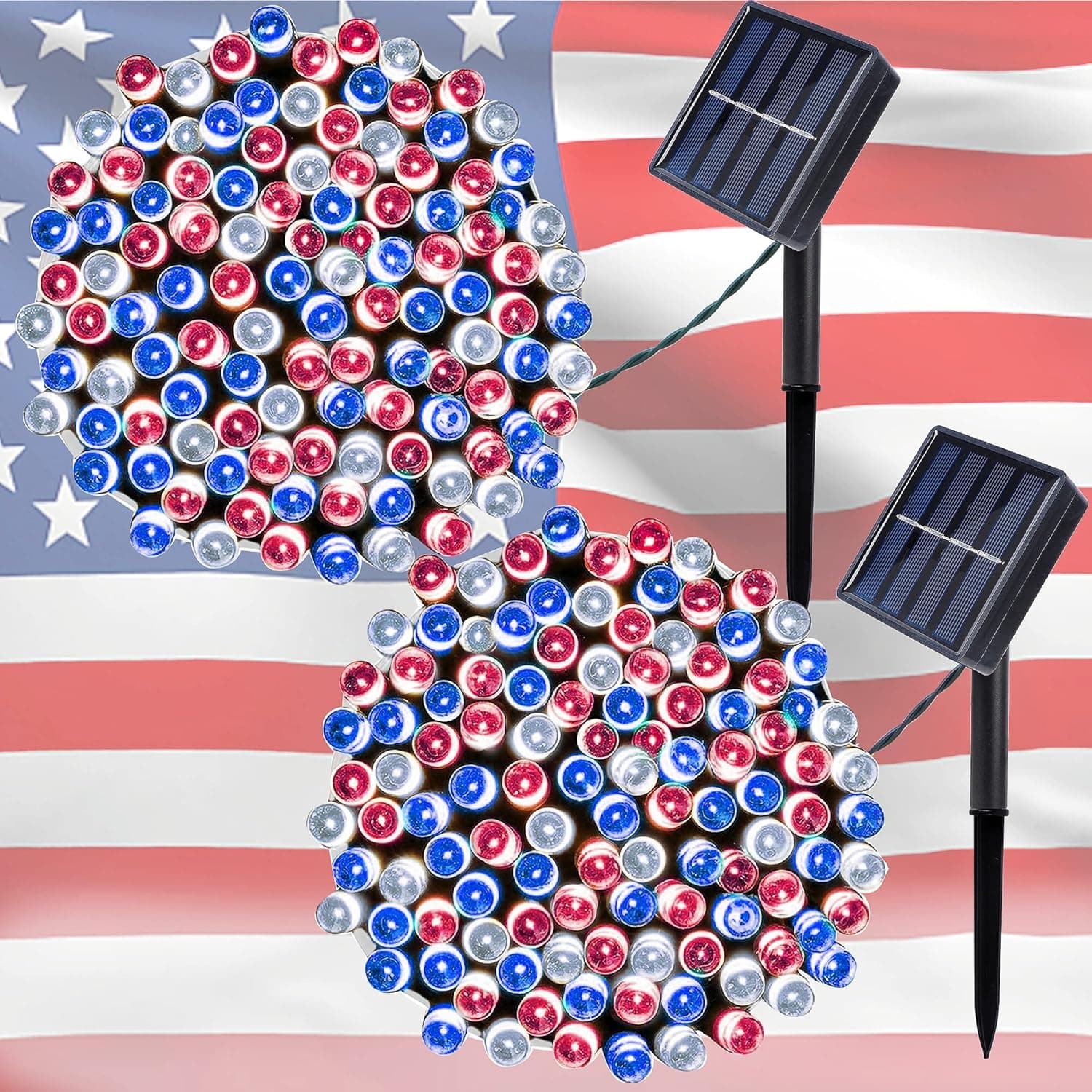 LJLNION 2 Pack Solar Powered Outdoor Patriotic String Lights, 200 LED Each July 4th Decorative Lights, 8 Lighting Modes, Waterproof for Independence Day Party Patio Garden Decor, Red White & Blue