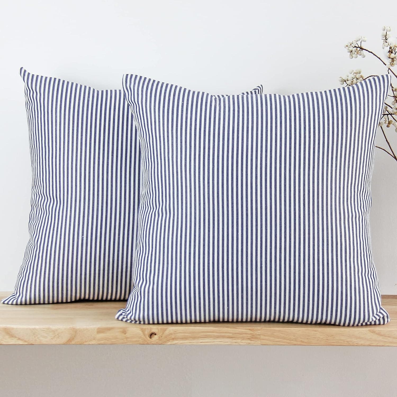 JOJUSIS Farmhouse Striped Throw Pillow Covers Decorative Ticking Couch Pillowcases 16 x 16 Inch Pack of 2 Navy