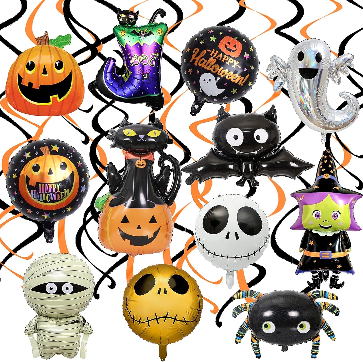 Halloween Foil Balloons Halloween Hanging Swirl Decorations Halloween Party Decorations Pumpkin Ghost Witch Bat Skeleton Mummy Balloon for Halloween Party Supplies