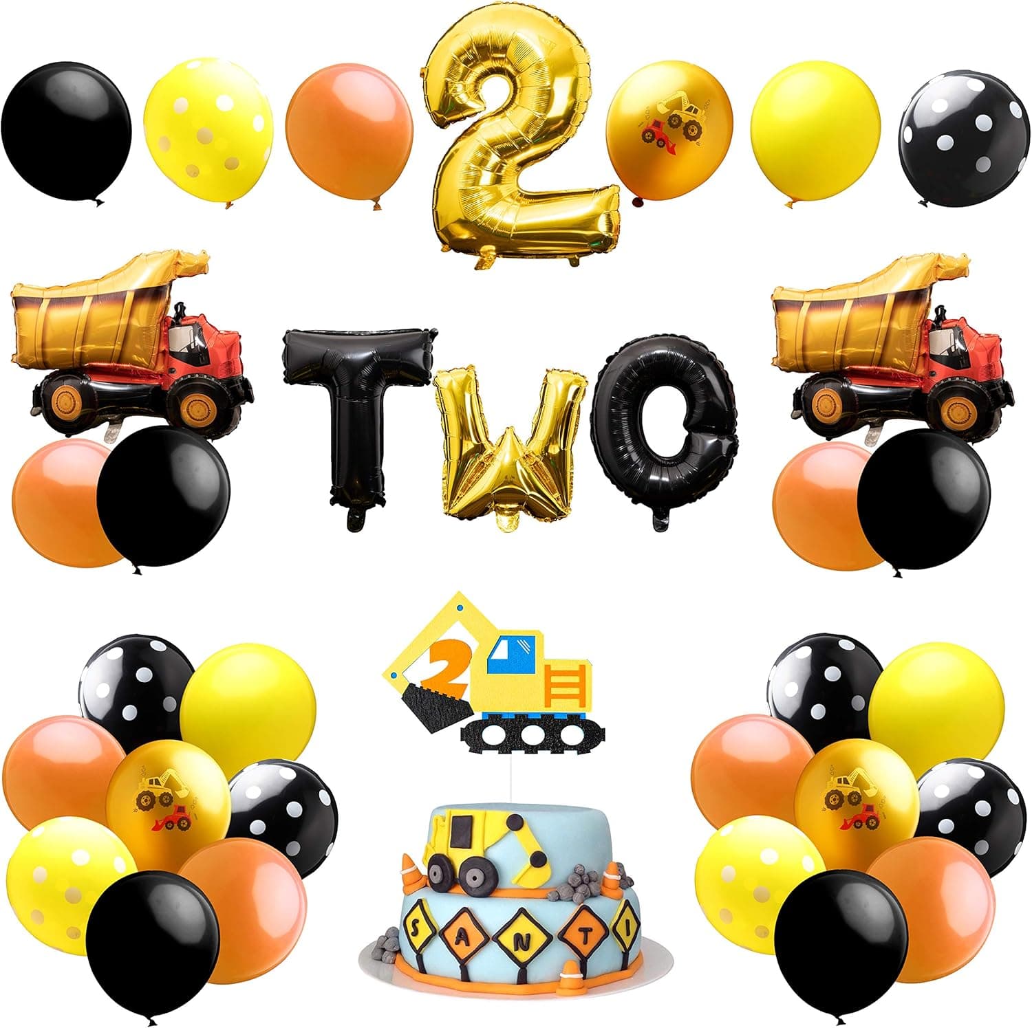 BeYumi Construction Themed Birthday Party Supplies - 42 Packs Dump Truck 2nd Birthday Party Decorations for Kids, Including Digger Cake Topper, Giant Number TWO Aluminum Foil Balloons, Latex Balloons