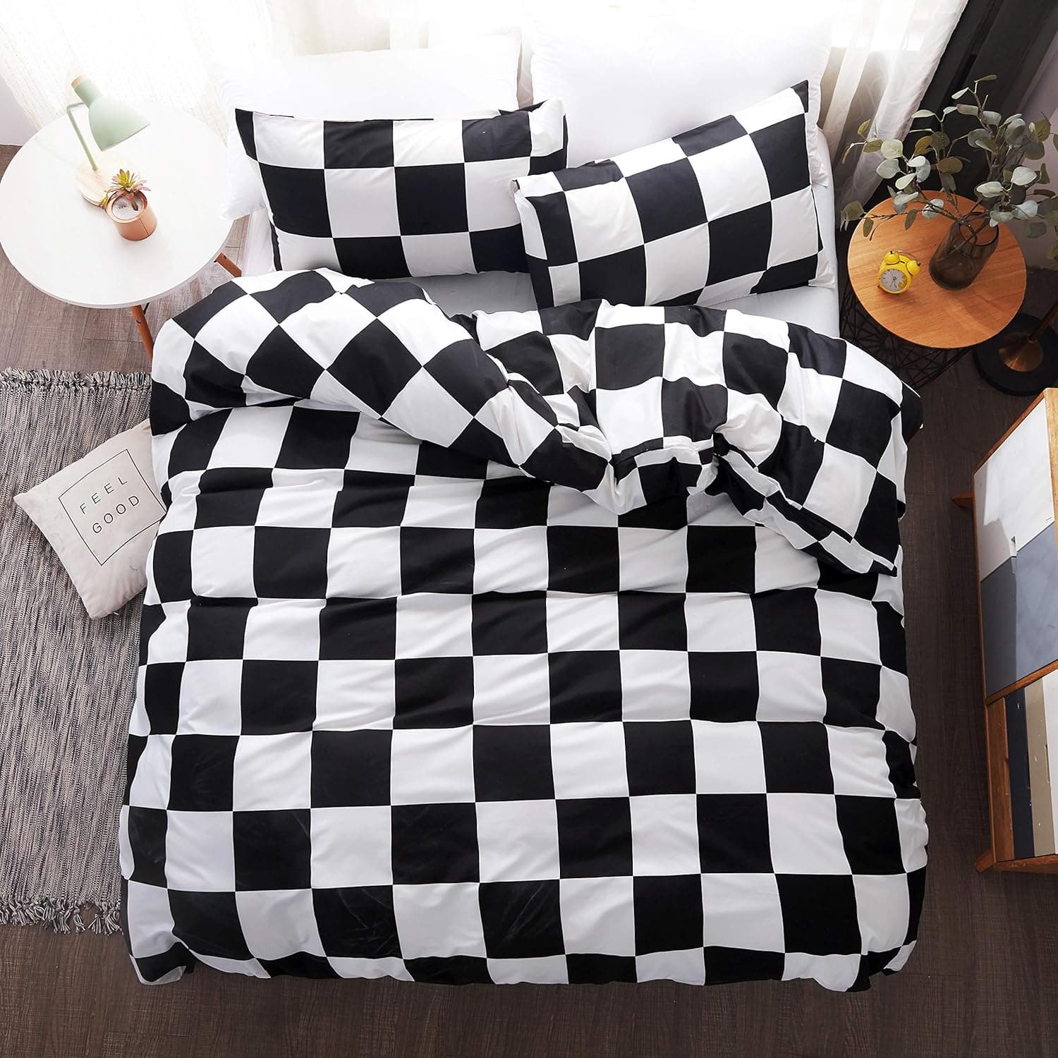 LAMEJOR Duvet Cover Set Queen Size Plaid/Grid Pattern Geometric Checkered Hotel Luxury Soft Bedding Set Comforter Cover (1 Duvet Cover+2 Pillowcases) Black/White