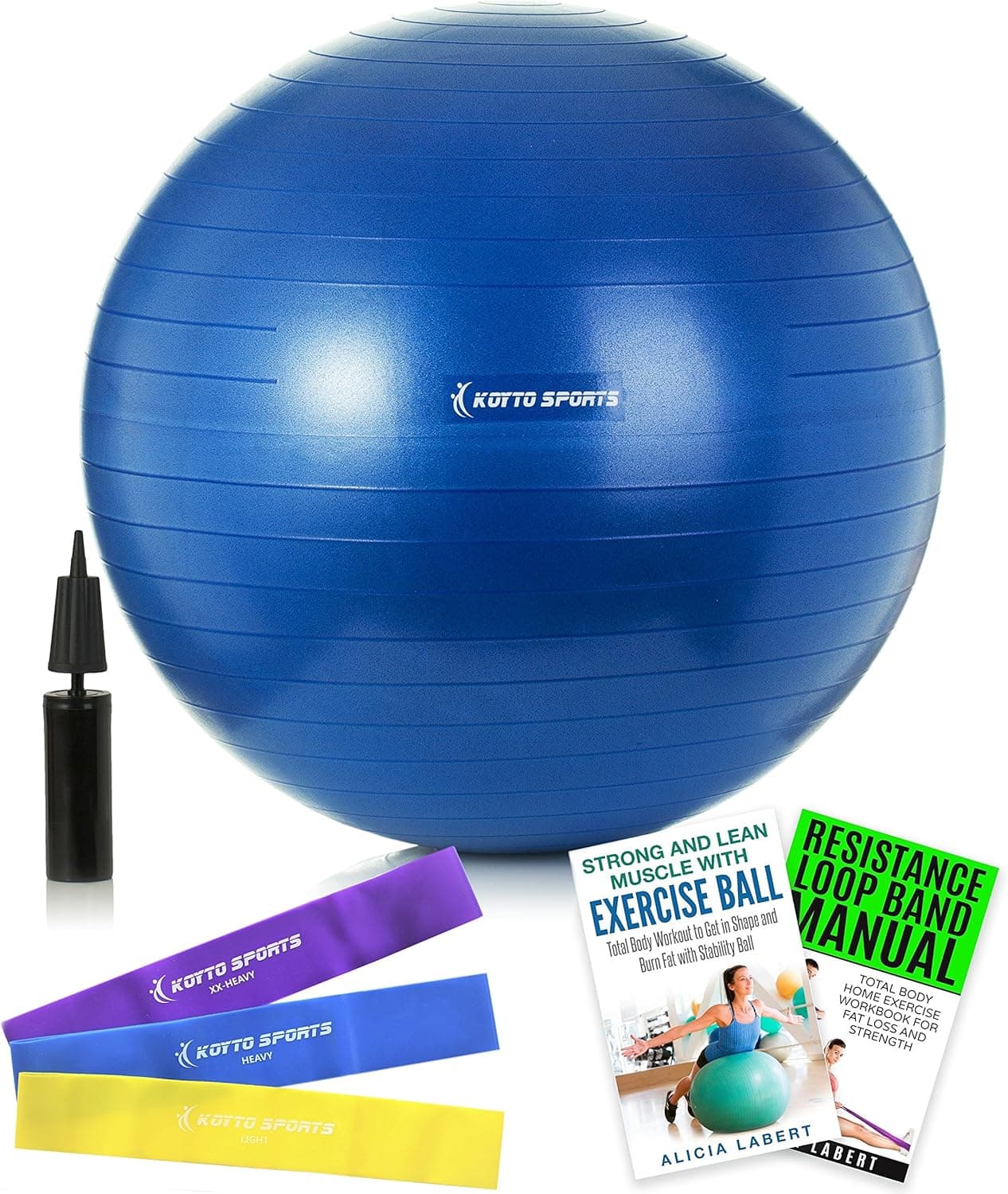 Koyto Sports Exercise Ball – 55cm, 65 cm or 75 cm Stability Ball with Exercise with Hand Pump, Exercise E-Book and Bonus Resistance Loop Bands for Yoga, Pilates and Core Training