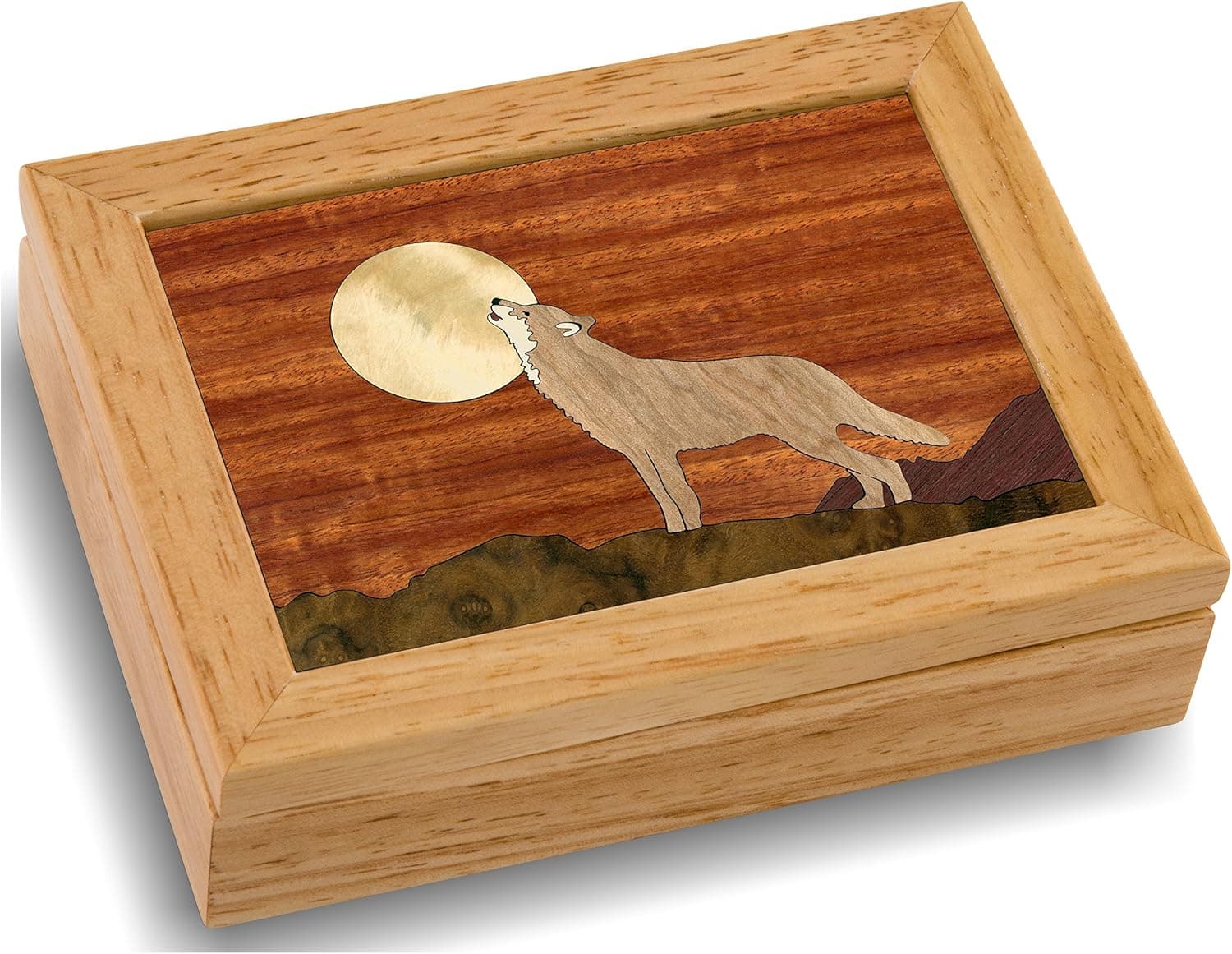 Wood Art Wolf Box - Handmade in USA - Unmatched Quality - Unique, No Two are the Same - Original Work of Wood Art. A Wolf Gift, Ring, Trinket or Wood Jewelry Box (#4117 Howling at the Moon 4x5x1.5)