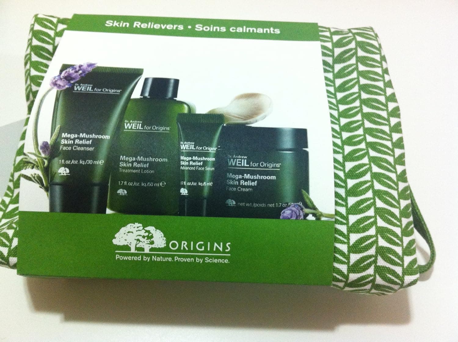 Origins Skin Relievers Dr Weil for Origins Mega Mushroom Face Cleanser, Treatment Lotion, Advanced Face Serum, Face Cream and Cosmetic Bag