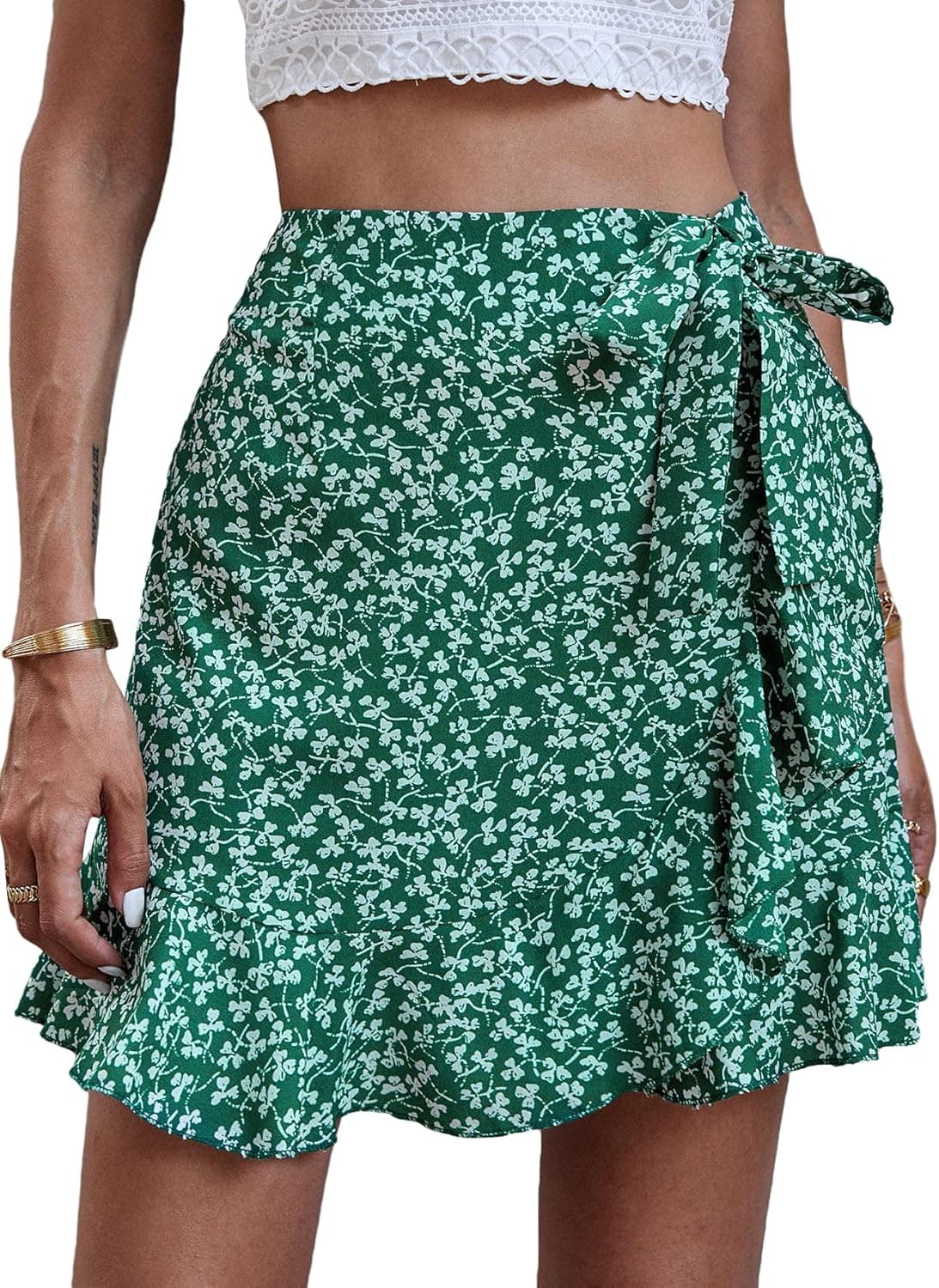 Milumia Women's Boho Ditsy Floral Print Ruffle Hem High Waist Knot Side Short Skirt
