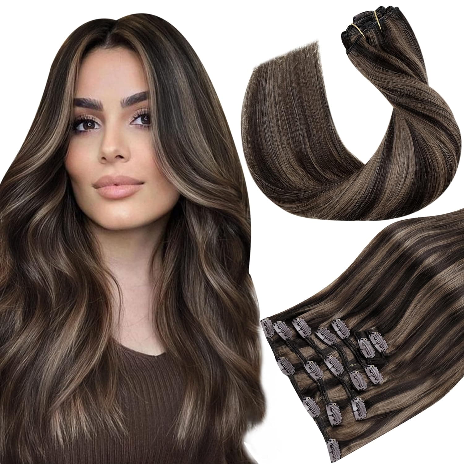 Hetto Ash Brown Highlighted Clip in Hair Extensions 7 Pcs Real Human Hair Clip in Extensions 14 Inch Straight Hair Extensions Clip ins 105g+20g