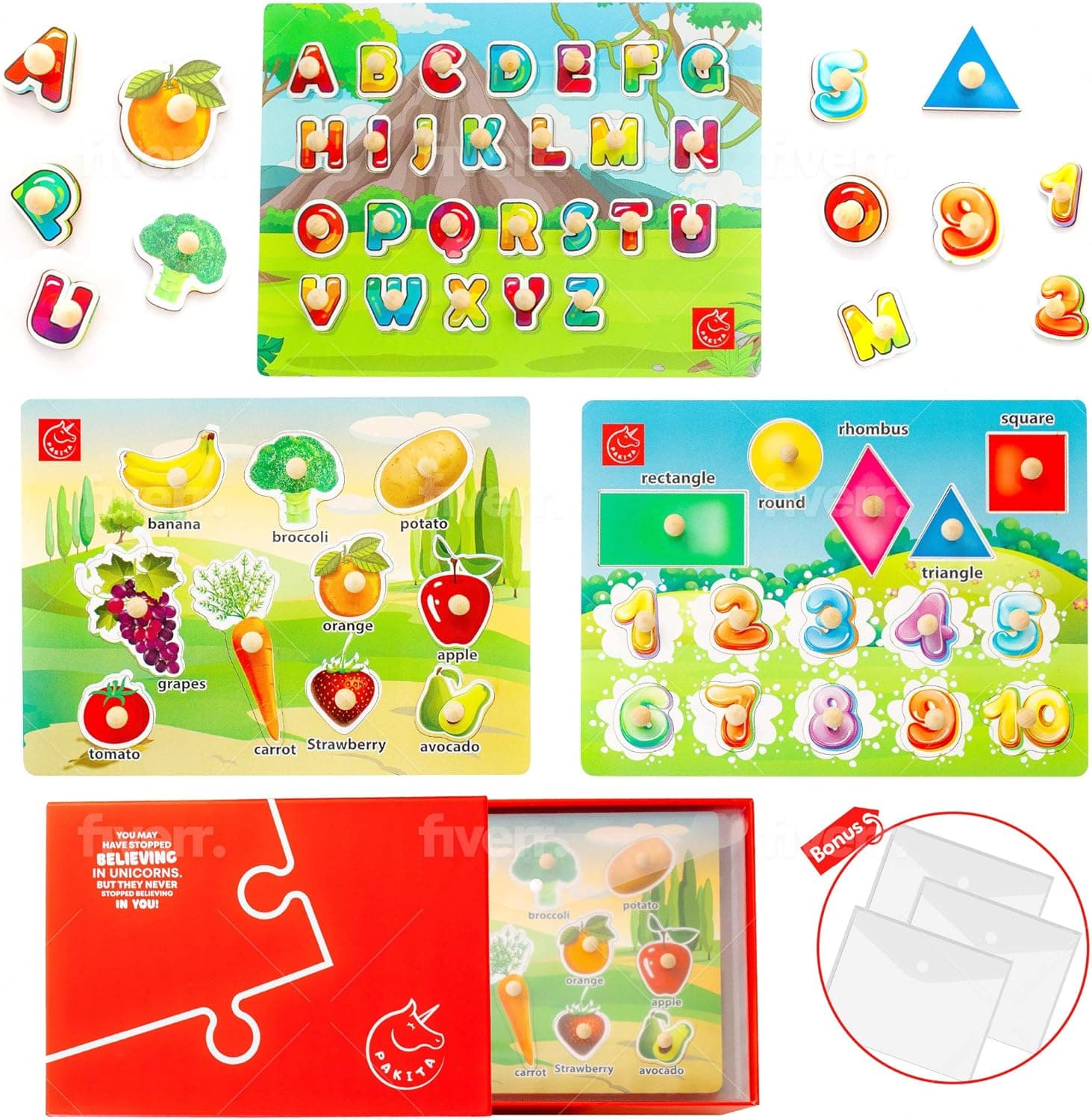 Toddler Puzzles Ages 2-4 - Fun Toddler Learning Activities - Great for Preschool - Wooden Puzzles for Toddlers with envelopes Includes Alphabet, Numbers & Shapes, Fruits & peg puzzles for toddlers 1-3