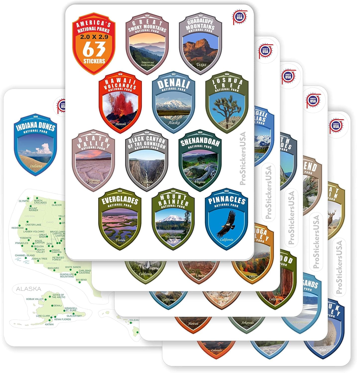 2.0 x 2.9" Shield Collection Stickers Set 63 National Parks USA. Map of US National Parks.