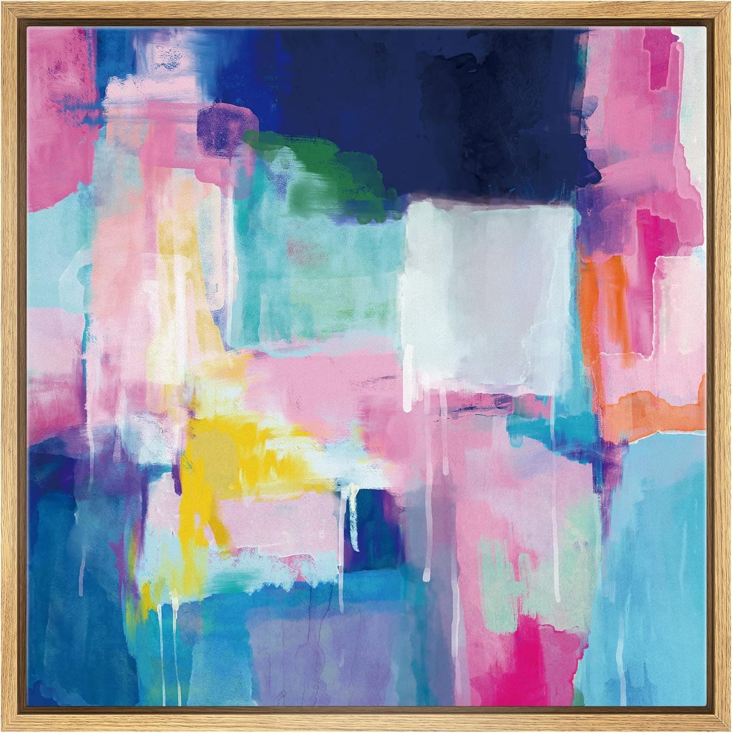 SIGNWIN Framed Canvas Print Wall Art Pastel Pink, Teal, Blue & Orange Paint Strokes Abstract Shapes Illustrations Modern Art Rustic Colorful Neon for Living Room, Bedroom, Office - 24"x24" Natural