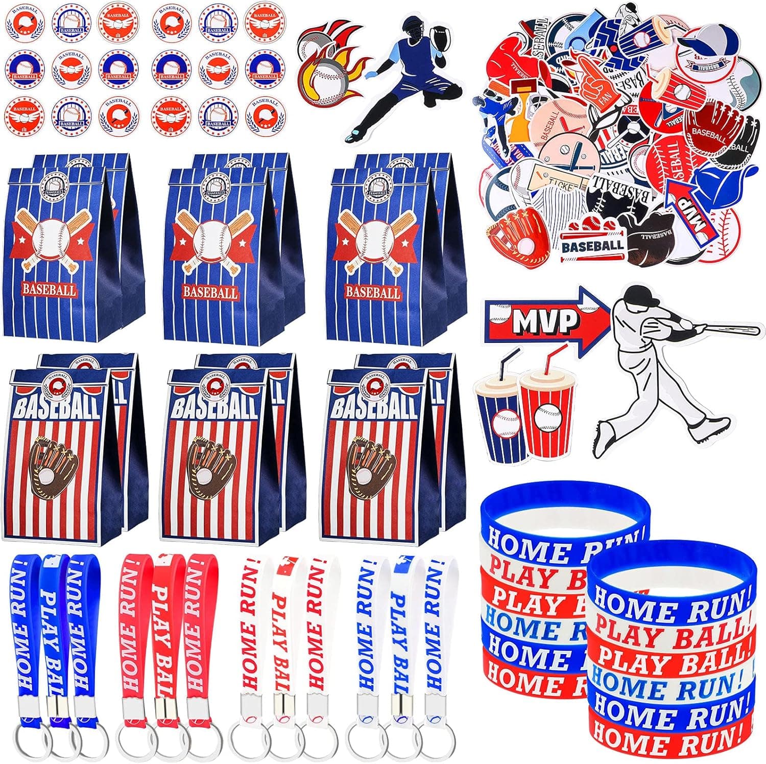 Baseball Party Favors Include Silicone Bracelets Keychain Waterproof Baseball Stickers and Party Gift Bags with Sealing Stickers for Baseball Themed Sports Party Favors (Classic Style, 104 Pcs)