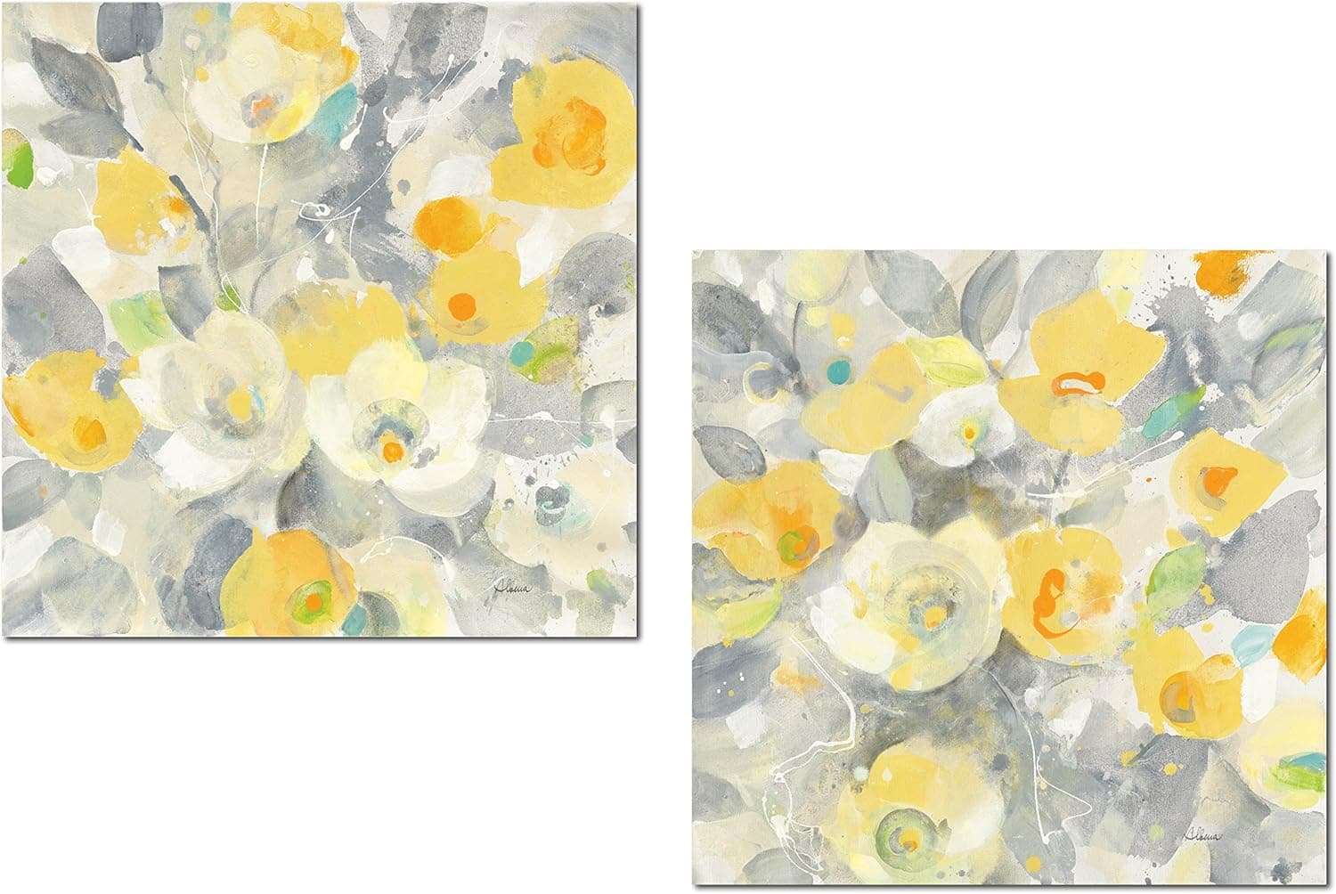 Beautiful Painterly Yellow, Grey and Orange Buttercup Flower Print Set by Albena Hristova; Floral Decor; Two 12x12in Unframed Paper Posters