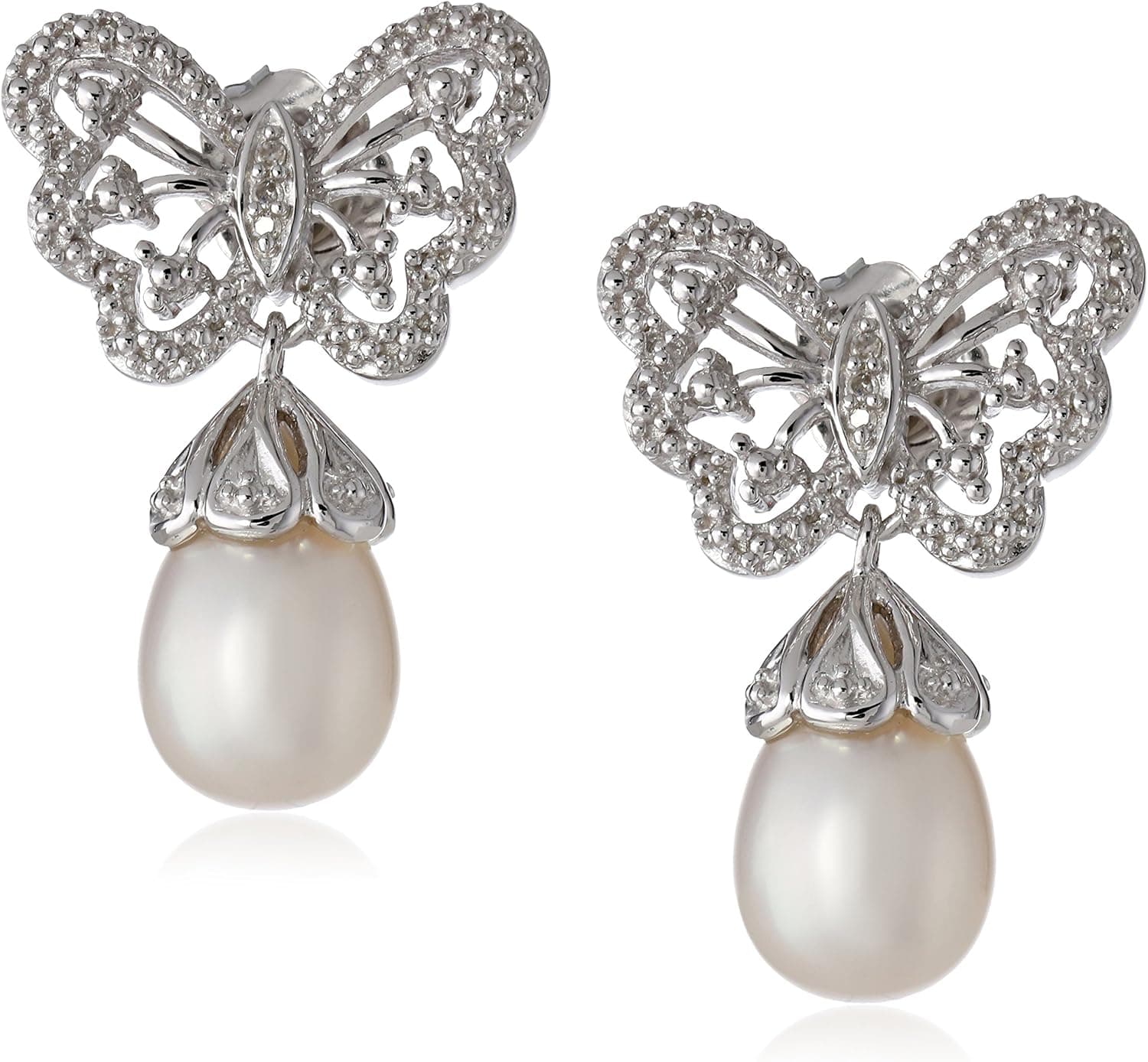 Amazon Collection Sterling Silver Freshwater Cultured Pearl Diamond Butterfly Drop Earrings