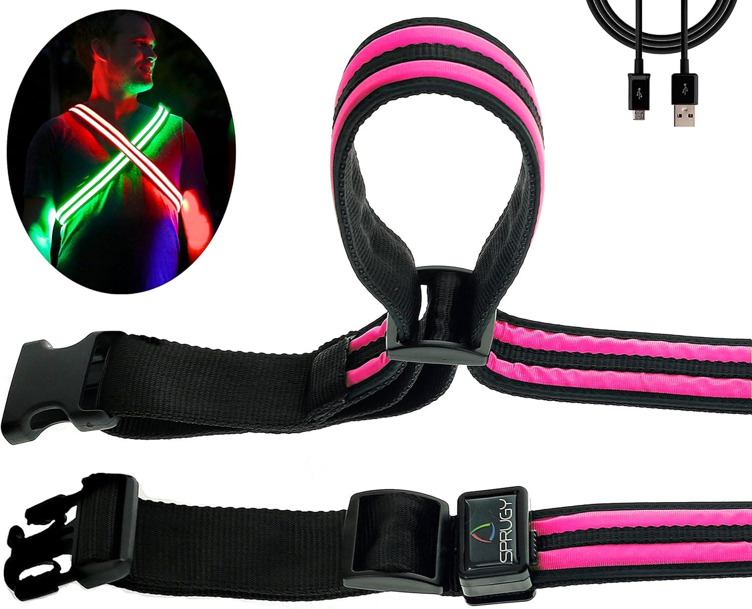SPRUGY LED Belt for Women, Men & Kids ~ USB Rechargeable ~ Ultra Bright Gear for Running, Cycling & Walking ~ High Visibility & Fully Adjustable ~ No More Reflective Running Vest