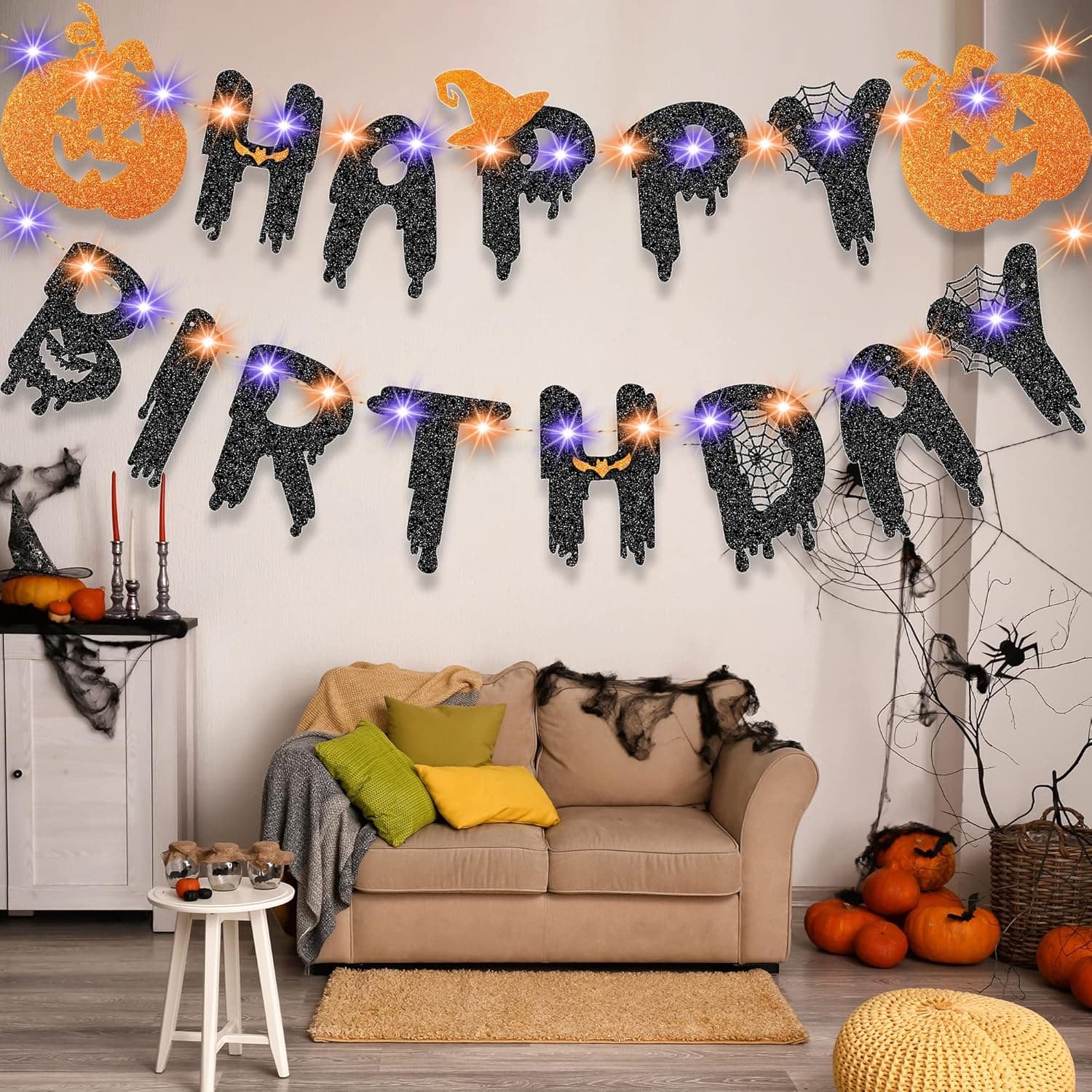 Halloween Birthday Party Decorations, Happy Birthday Banner with Orange and Purple String Lights, Lighted Spooky Themed Party Supplies for Indoor Outdoor Front Door Garden Golf Car Trailer Decor