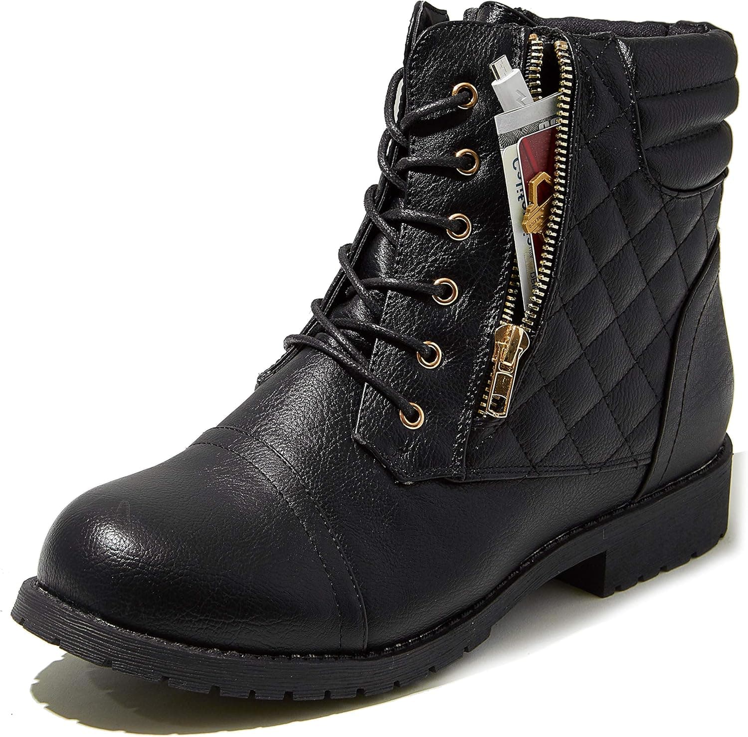 DailyShoes Women's Military Lace Up Buckle Combat Boots Ankle High Exclusive Credit Card Pocket