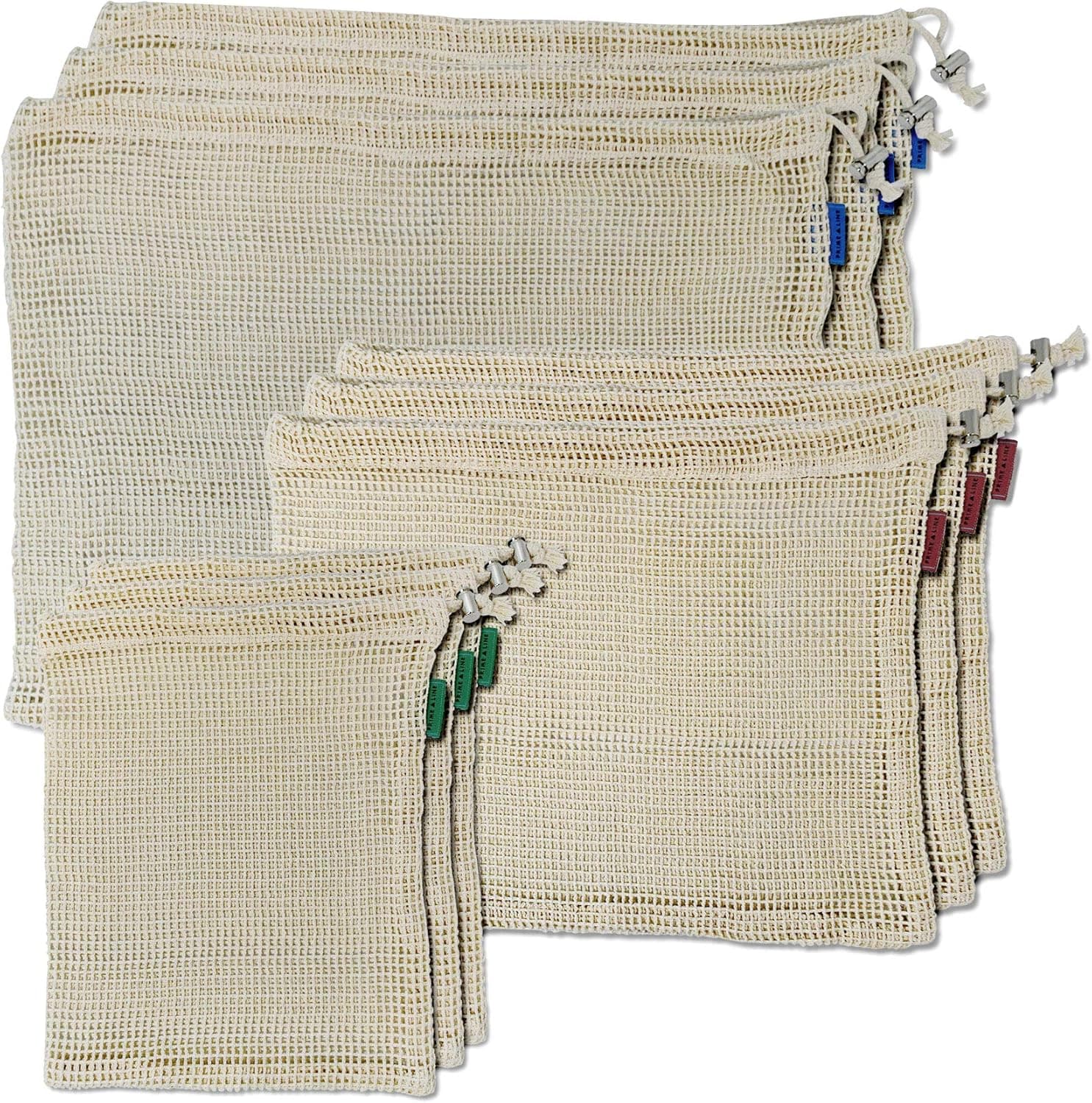 ZENPAC Reusable Vegetable Produce Bags - 9 Pack Cotton Net Drawstring Pouches with Tare Weights, Certified Organic Mesh Muslin Cloth Fabric for Produce, Fruits, Groceries - Assorted Sizes