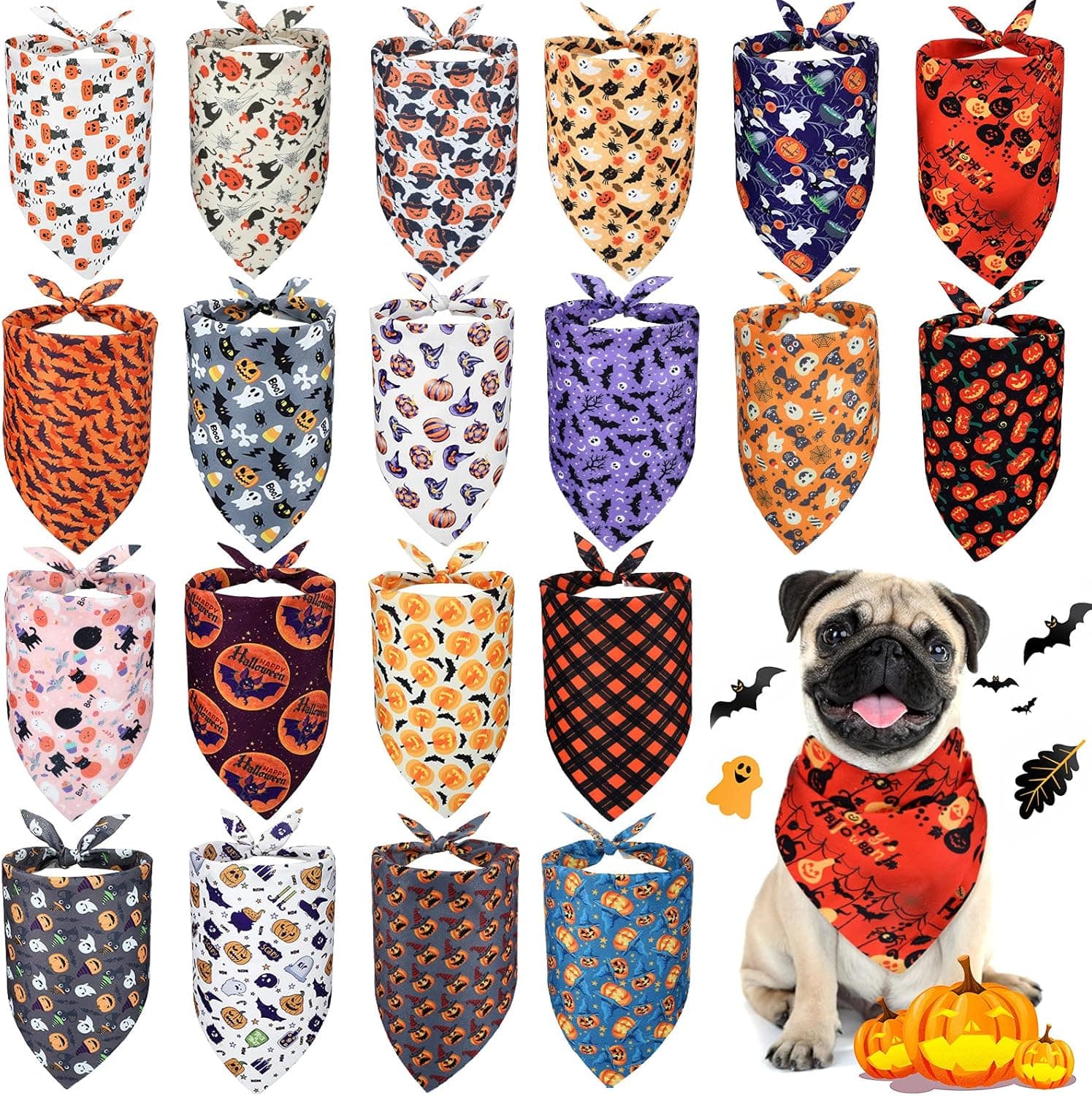 20 Pieces Halloween Dog Bandanas Pumpkin Ghost Dog Triangle Scarf Bibs Pet Triangle Plaid Kerchiefs Adjustable and Washable Dog Bib Apparel Accessories for Small Medium Large Pets