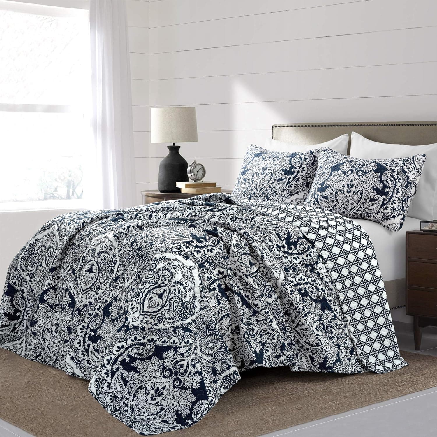 Lush Decor, Full Queen, Navy Aubree Quilt Paisley Damask Print Pattern Reversible 3 Piece Lightweight Bedding Blanket Bedspread Set
