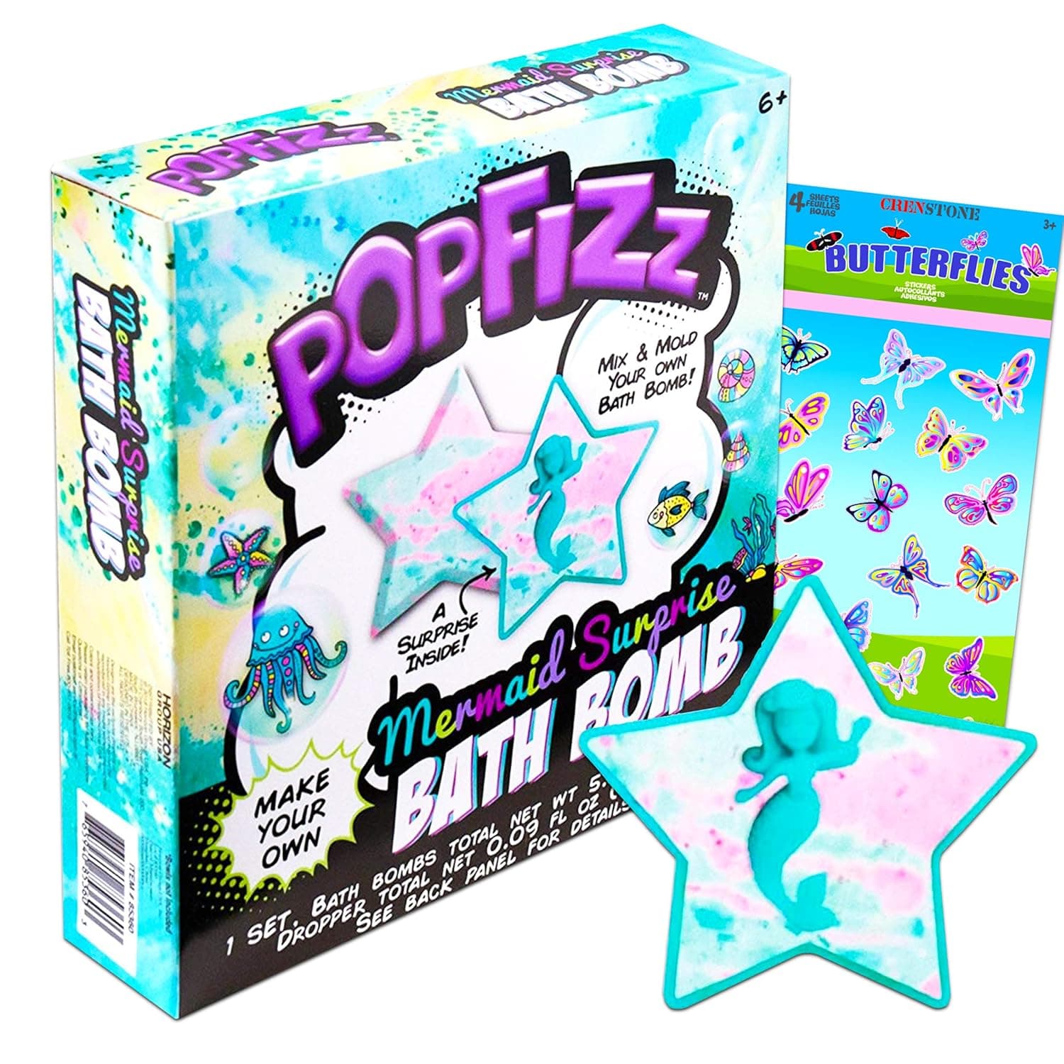 Pop Fizz Make Your Own Mermaid Bath Bombs for Kids Girls Boys ~ DIY Bath Bomb Maker Gift Set Bundle with Bonus Butterfly Stickers (Mermaid Bubble Bath Bomb Gift Set)